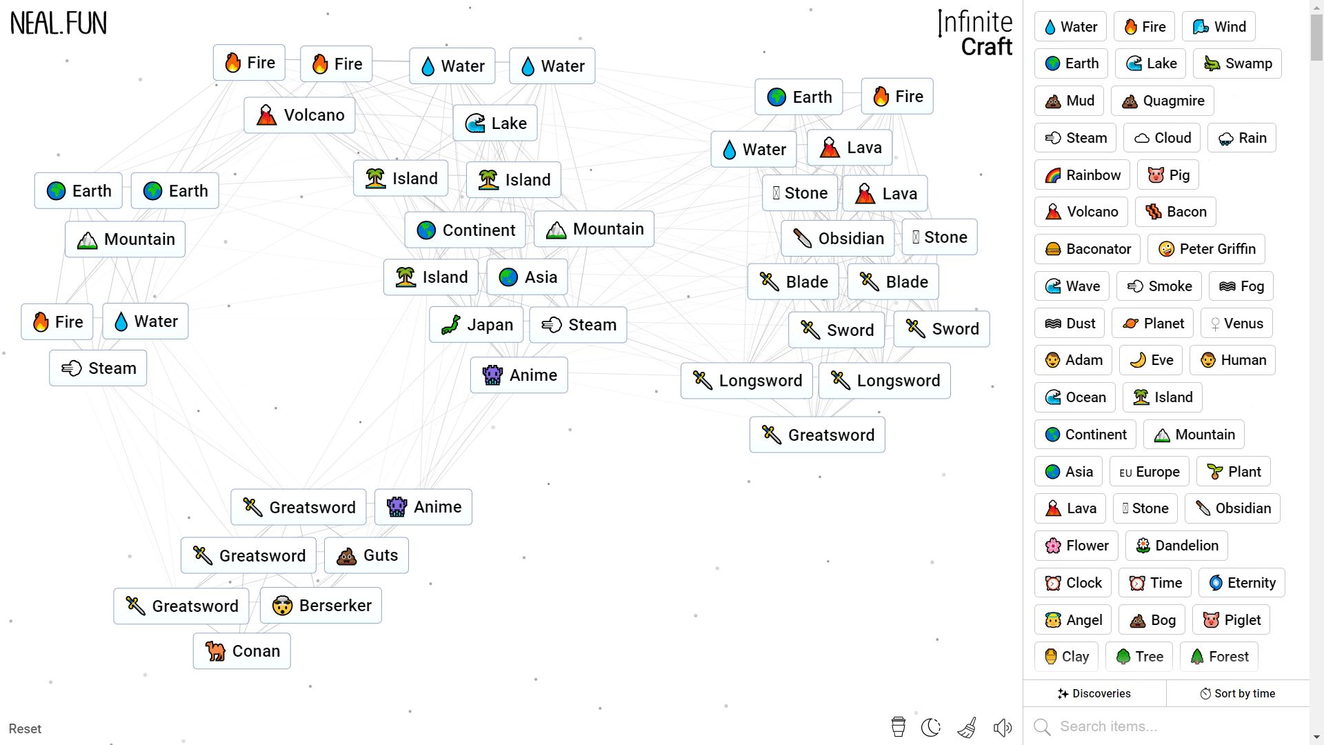 Infinite Craft, the process of crafting Conan