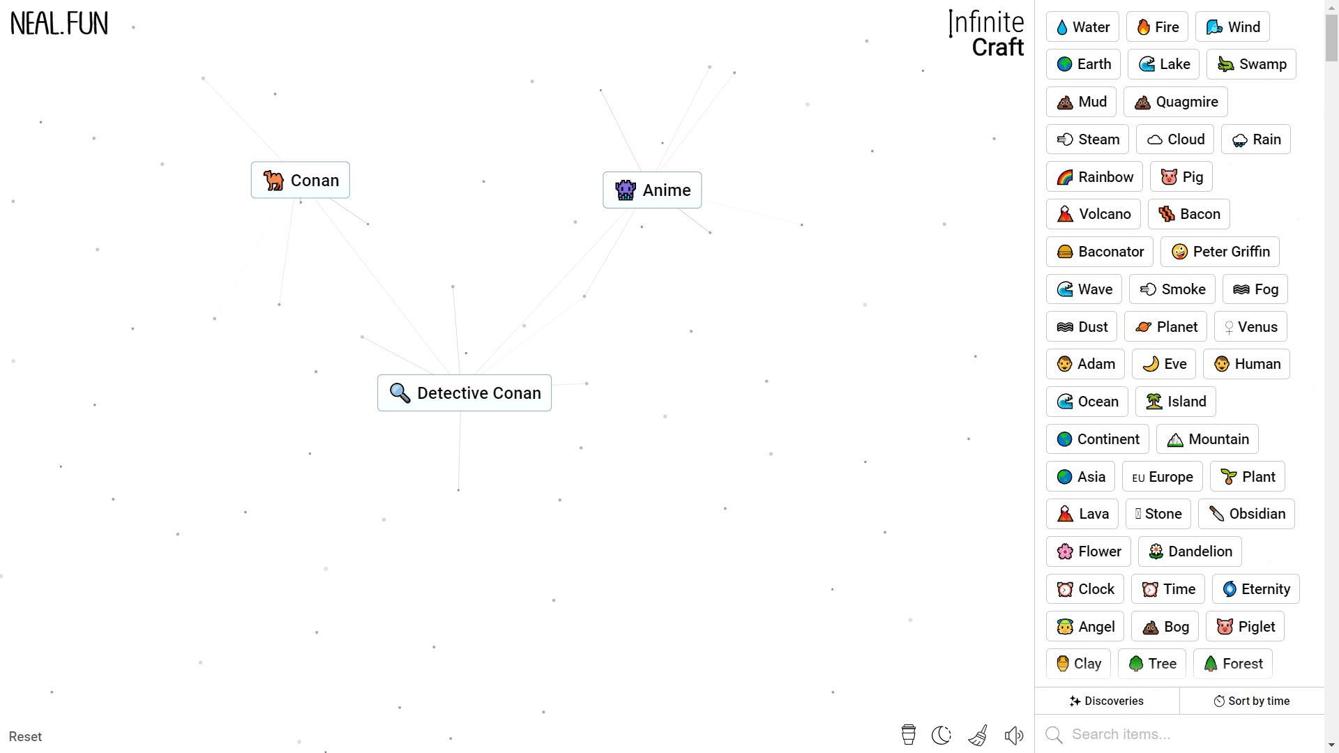 Infinite Craft, the process of crafting Detective Conan