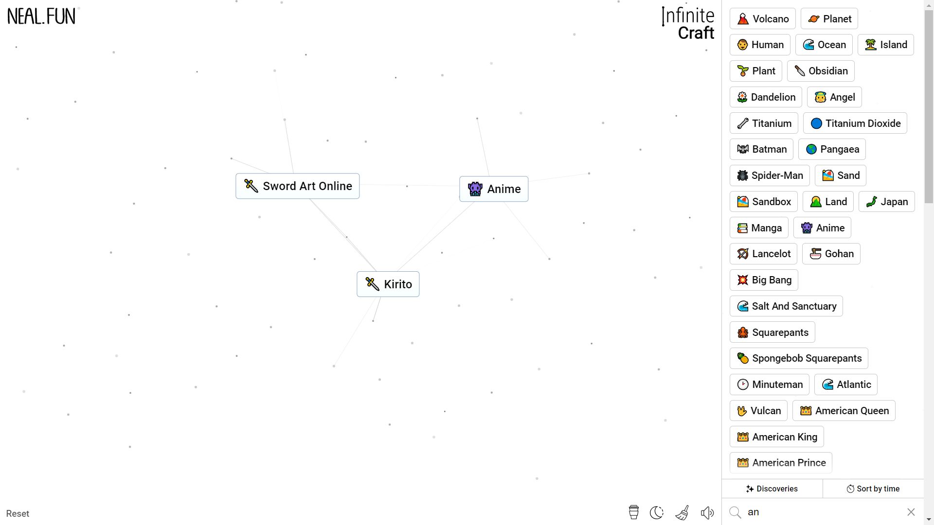 Infinite Craft, the process of crafting Kirito