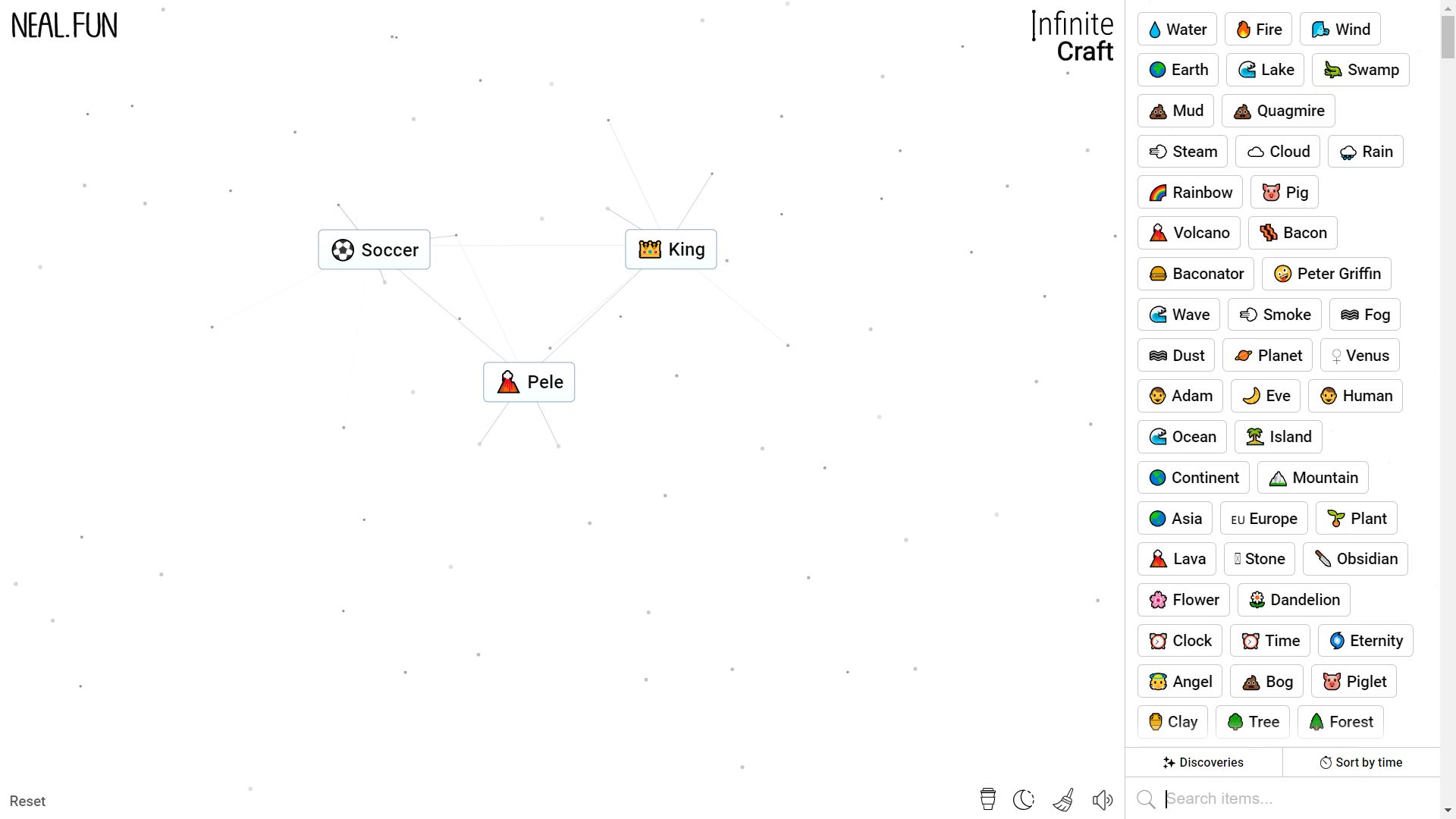 Infinite Craft, the Process of crafting Pele