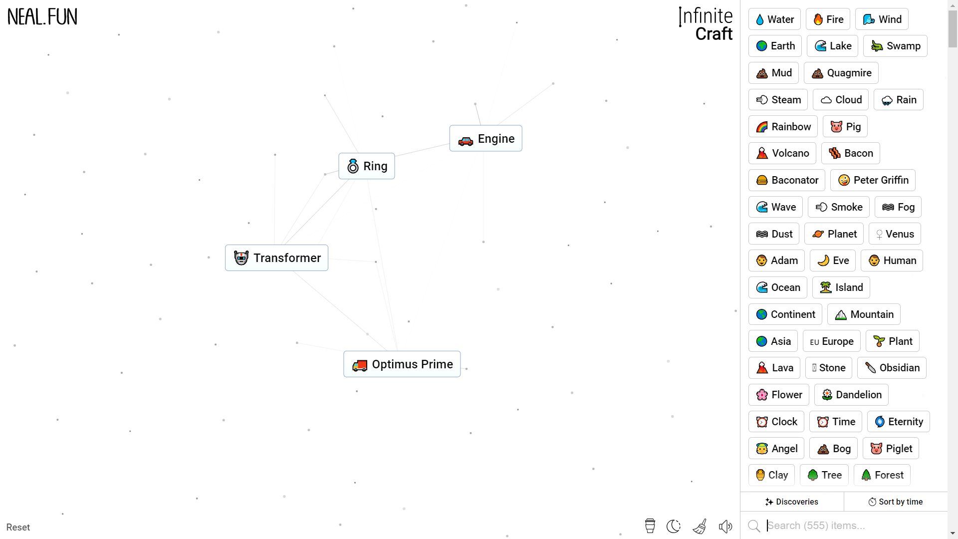 Infinite Craft, Engine, Ring, Transformer, and Optimus Prime