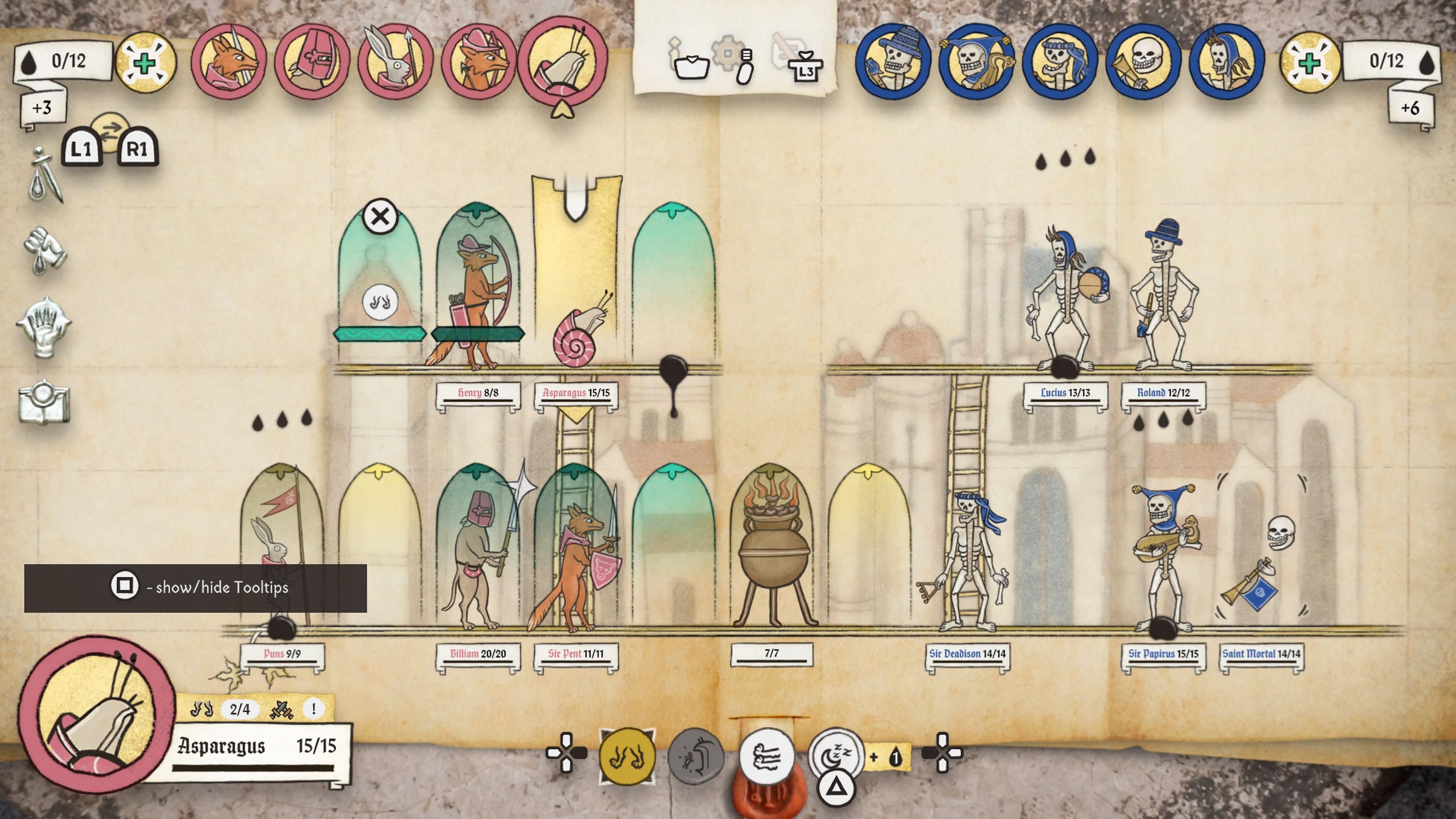 foxes and dogs against an army of skeleton musicians in inkulinati