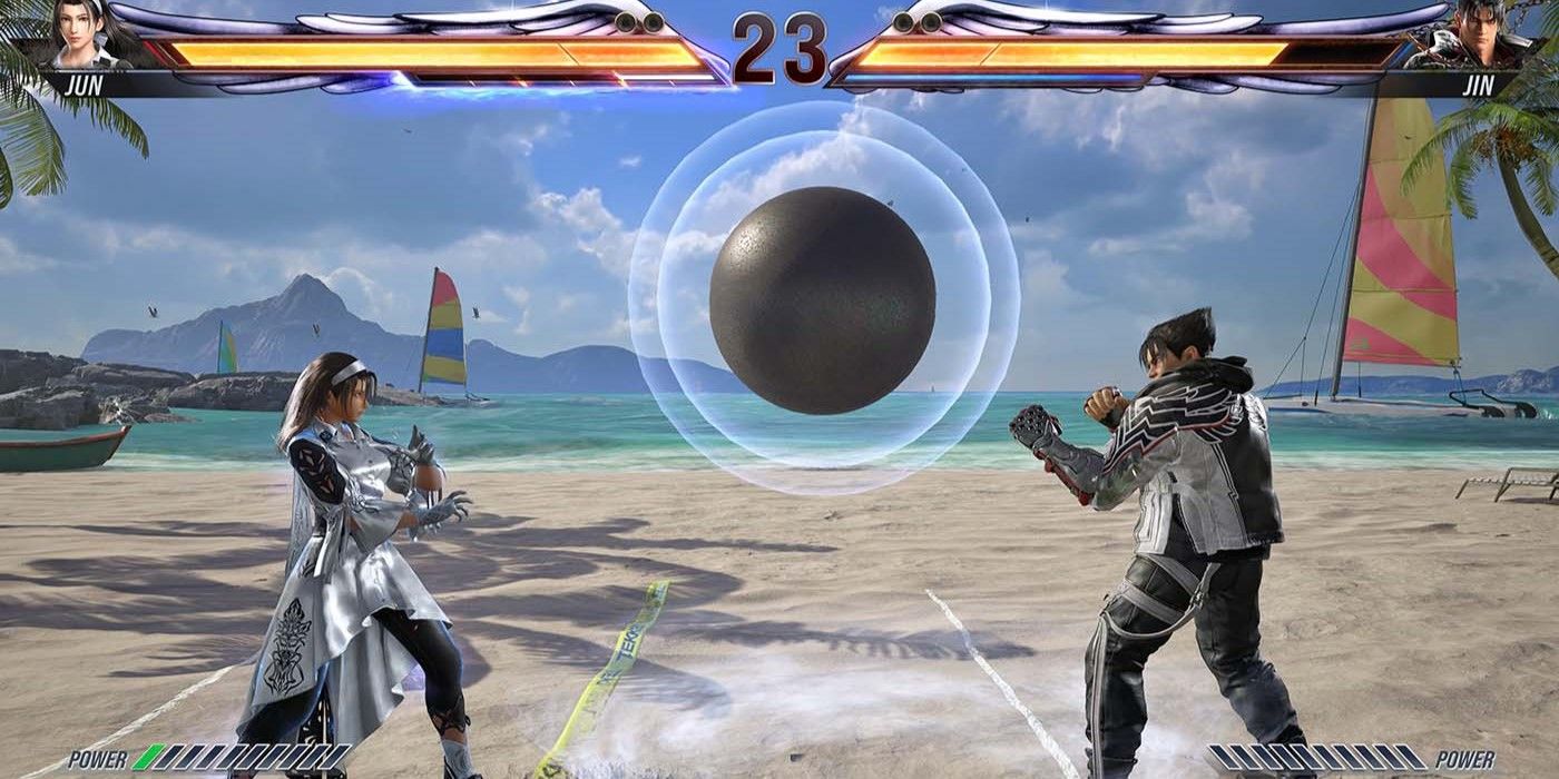 Jun and Jin Kazama play Tekken Ball on a sunny beach with an iron ball in Tekken 8.