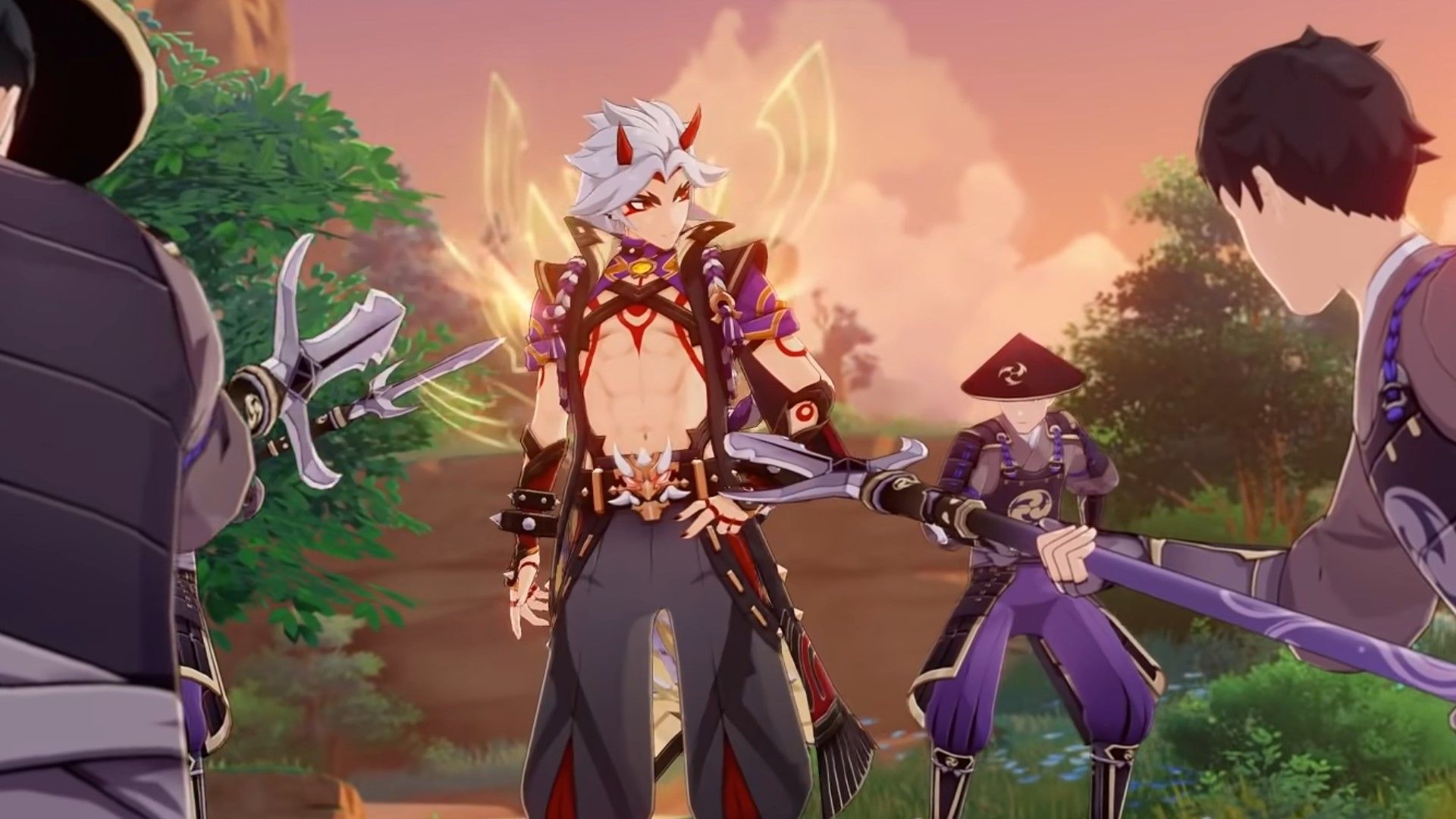 Itto smirks at enemies as he gears up to attack them in Genshin Impact.