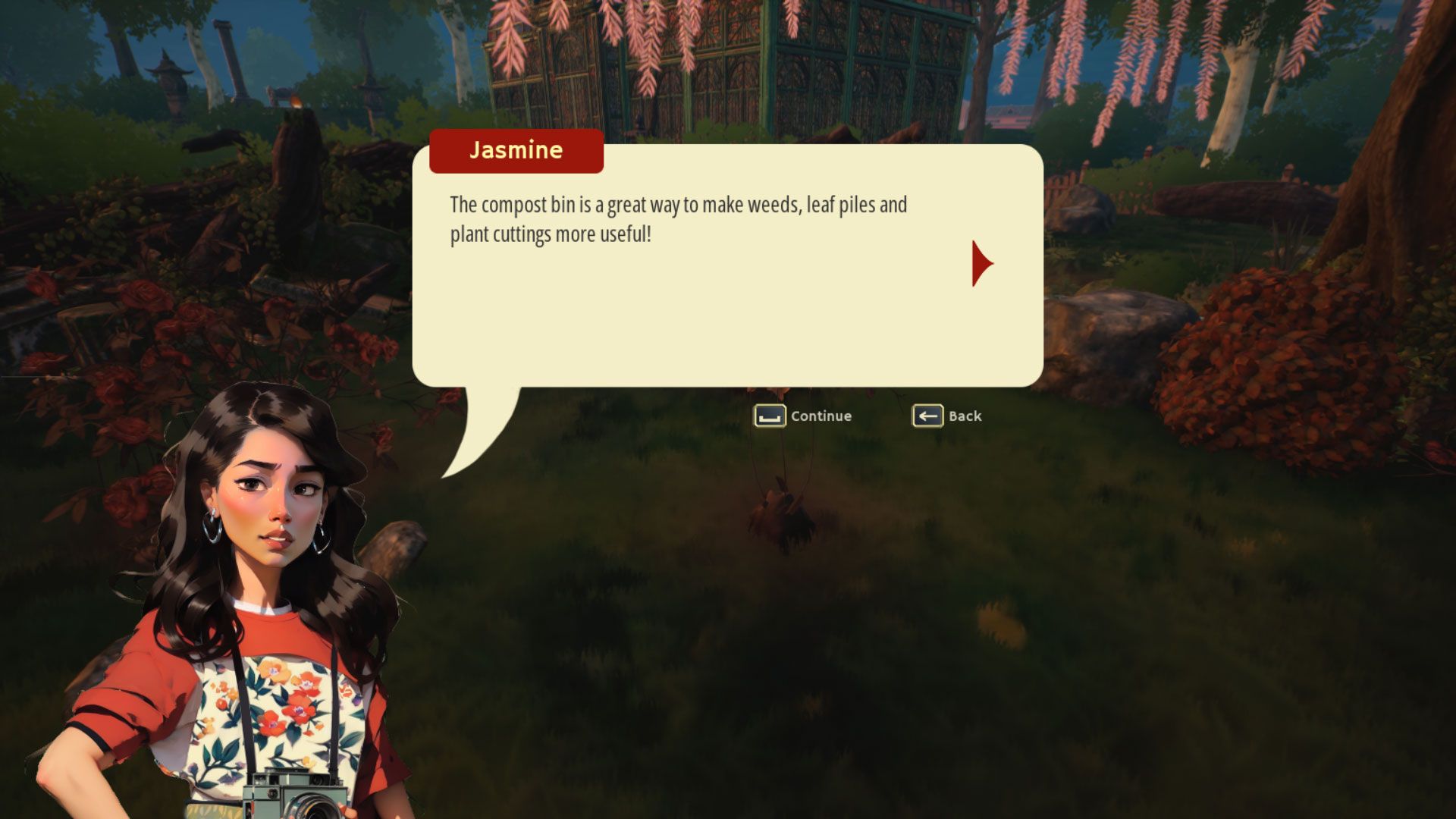 NPC Jasmine talking about the compost bin in Garden Life: A Cozy Simulator.