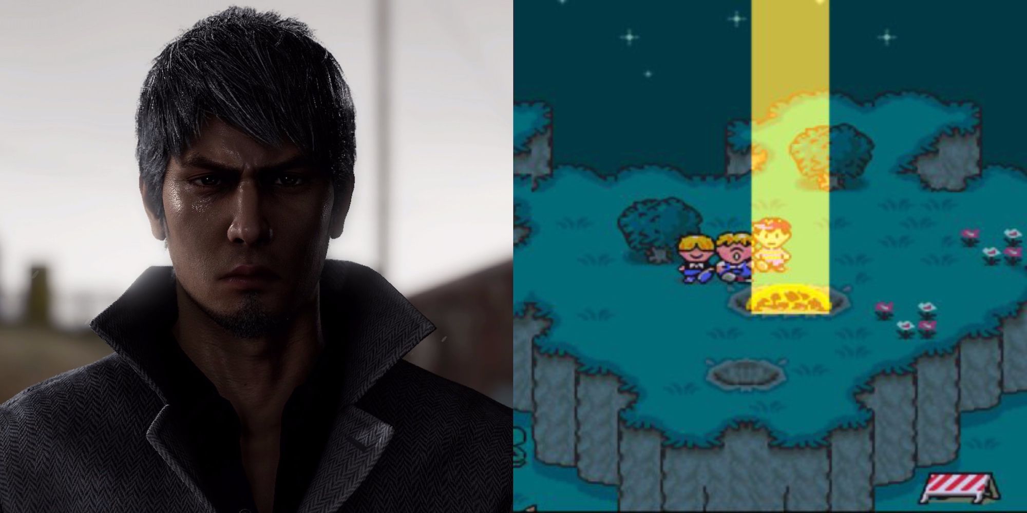 Kiryu on the left, earthbound on the right