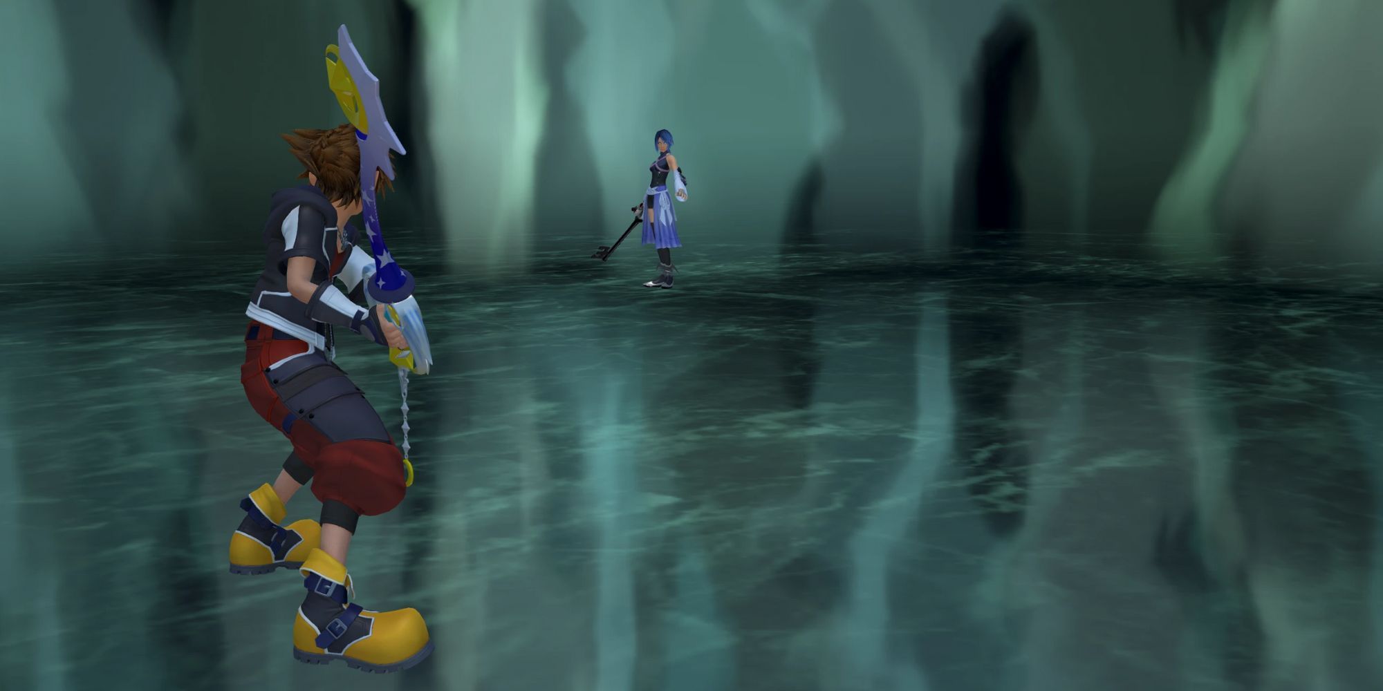 Sora facing Zodiac Phantom Aqua from 0.2 Birth by Sleep in Kingdom Hearts 3.