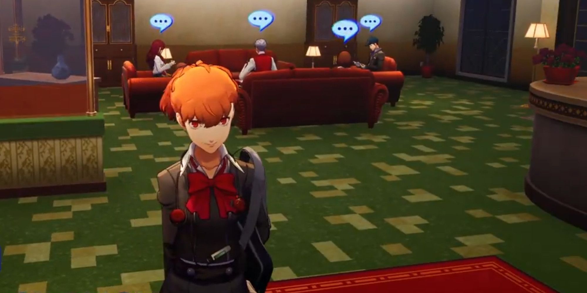 Kotone from persona 3 stood in the hallway of a dormitory with Mitsuru, Akihiko, Ken, and Junpei sat in the background in persona 3 Reload