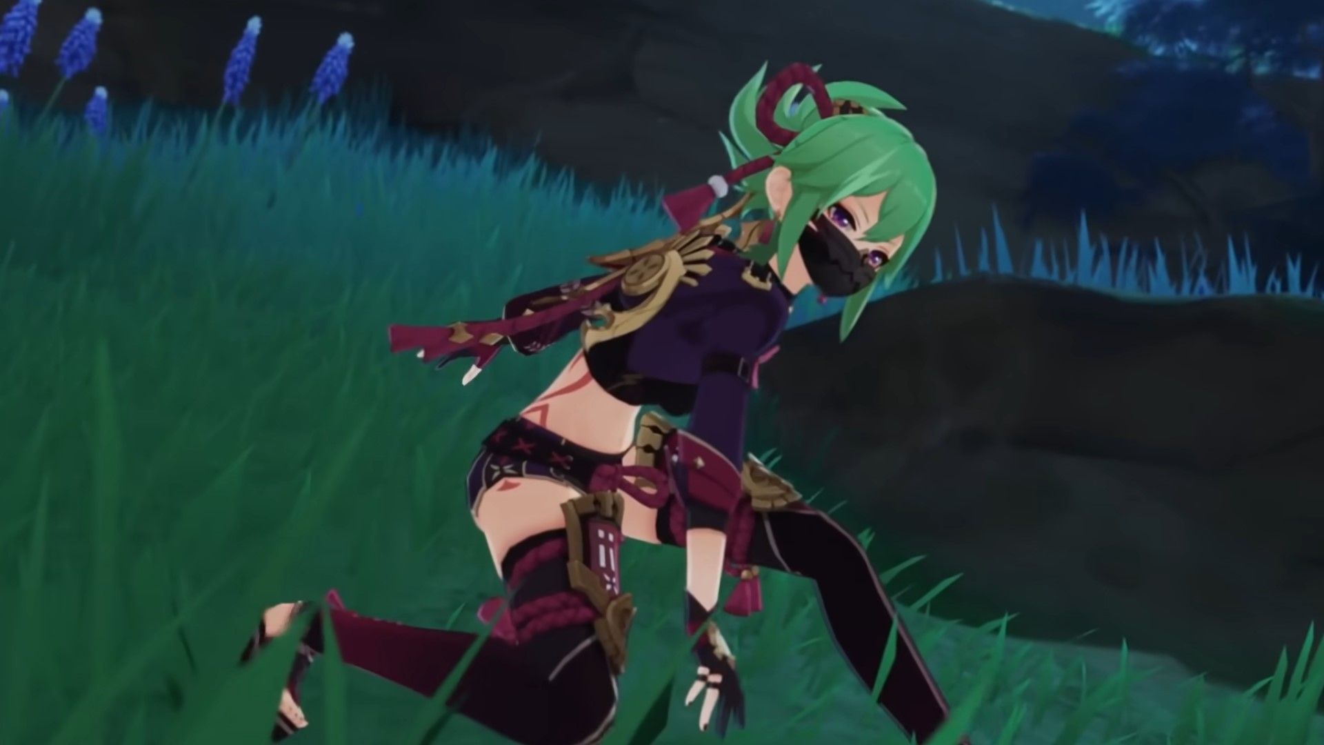 Kuki Shinobu landing on the ground after jumping back in Genshin Impact.