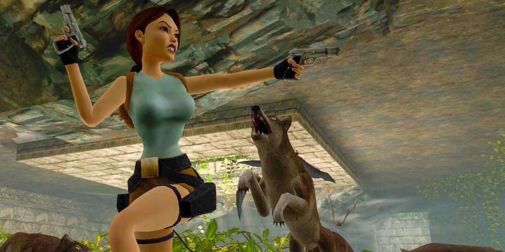 Lara croft fighting with wolves with dual pistols