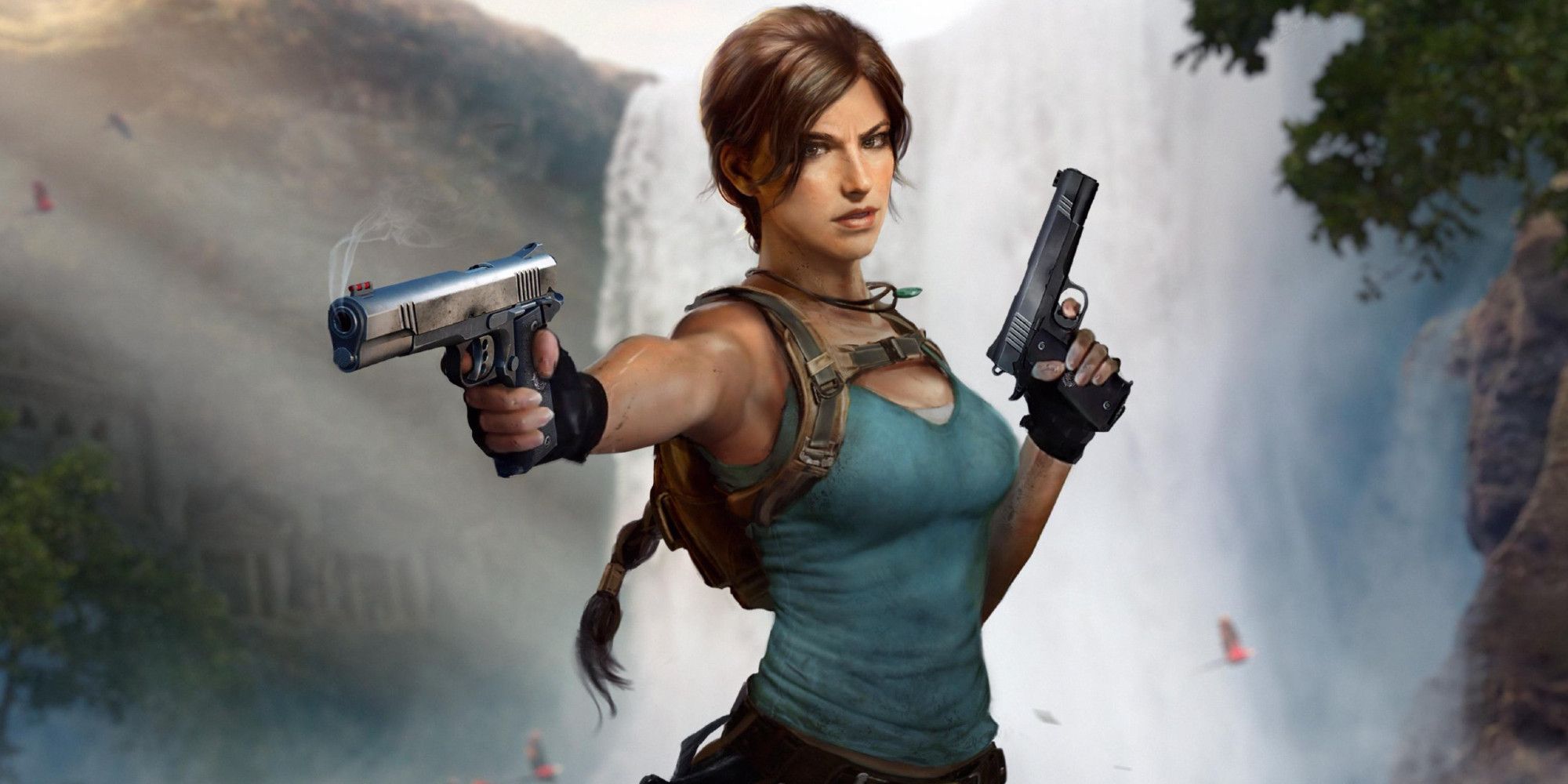 Lara Croft in her classic blue tank top and brown shorts holding two pistols