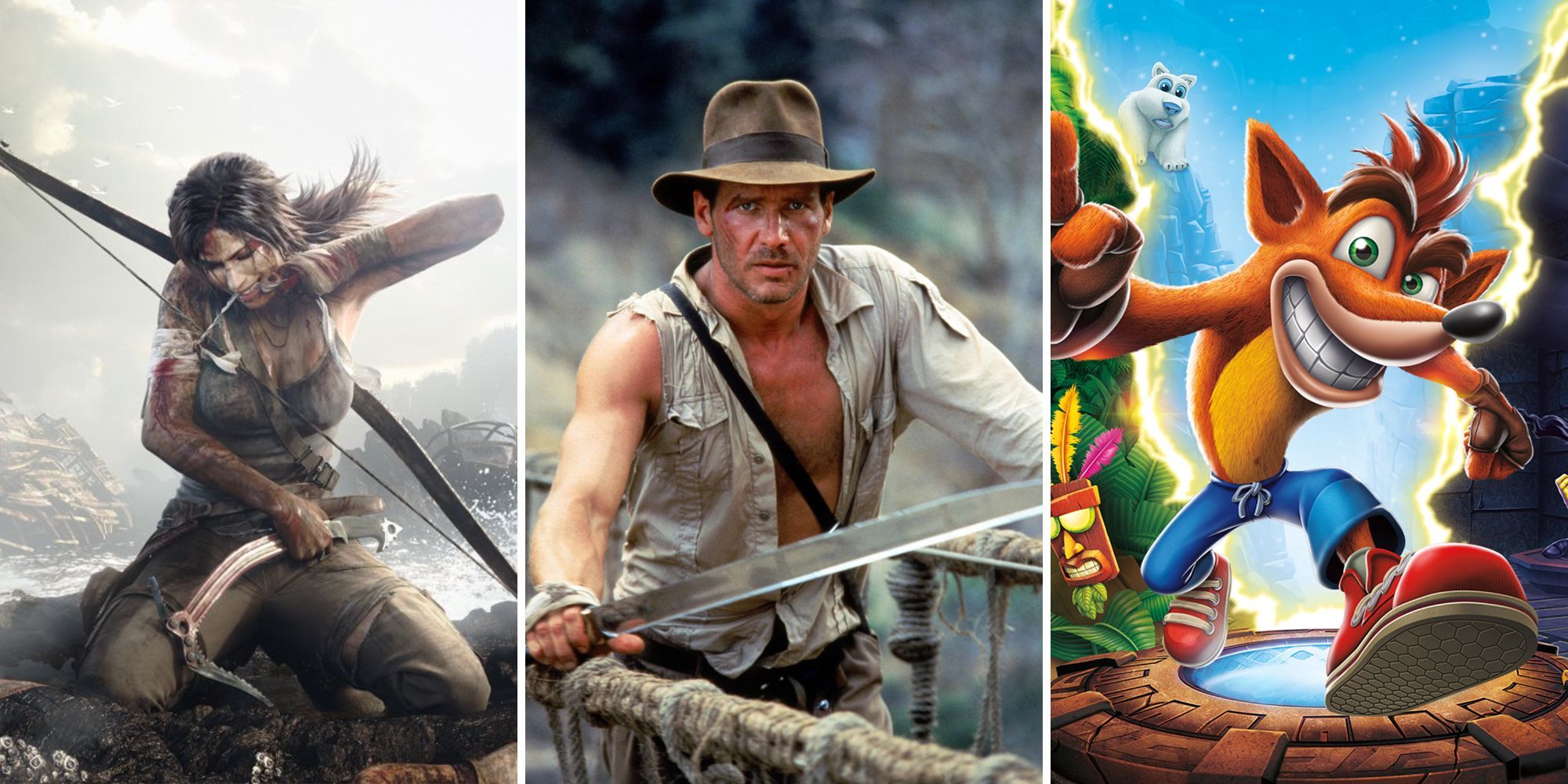 Lara Croft patches a wound, Indiana Jones holds a machete, Crash Bandicoot holds up three fingers