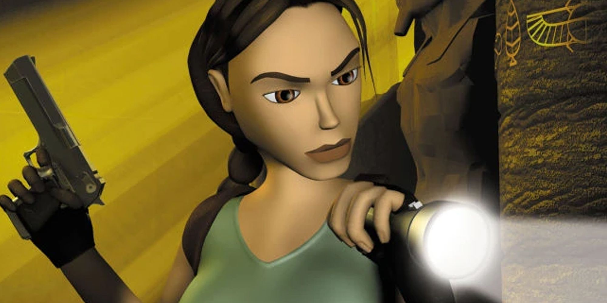 Lara Croft peering around a corner with a pistol and flash light on the cover of Tomb Raider The Last Revelation