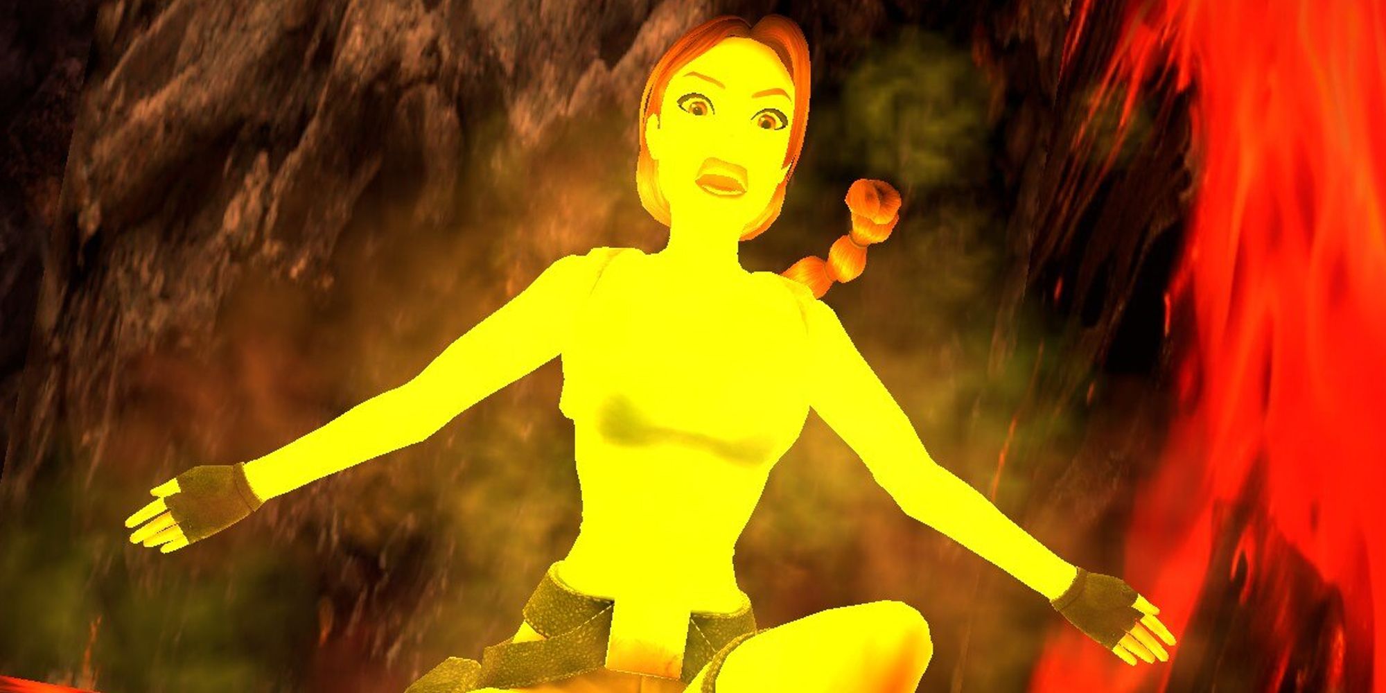 Lara Croft screaming as she burns alive in lava, glowing bright yellow