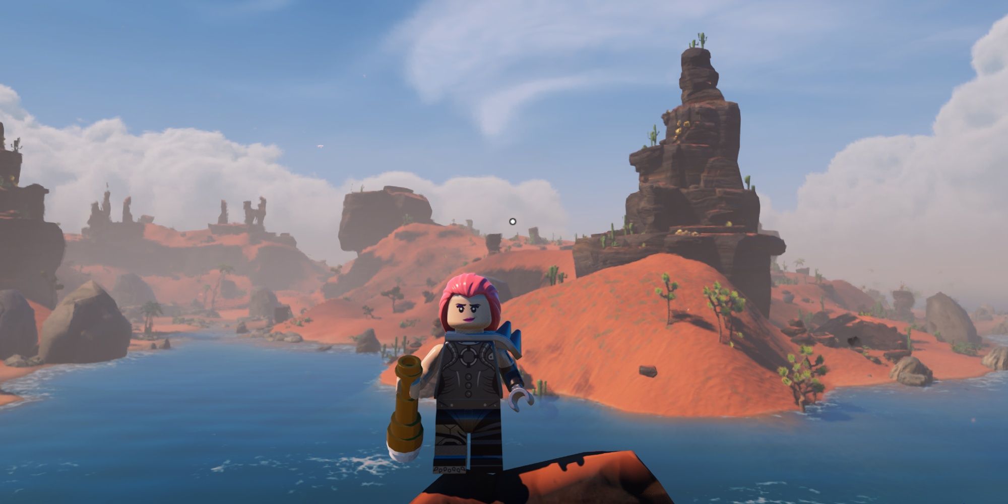 An image from Lego Fortnite of the main character holding the Spyglass in the Dry Valley biome