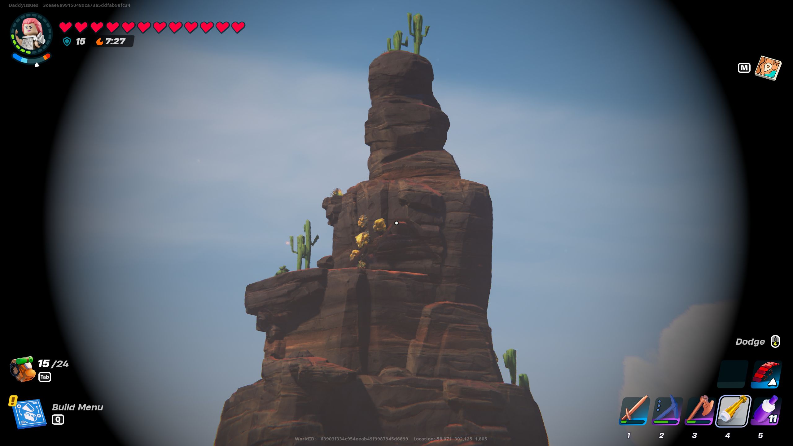 An image from Lego Fortnite of a zoomed in mountain, that can be seen by using the spyglass.