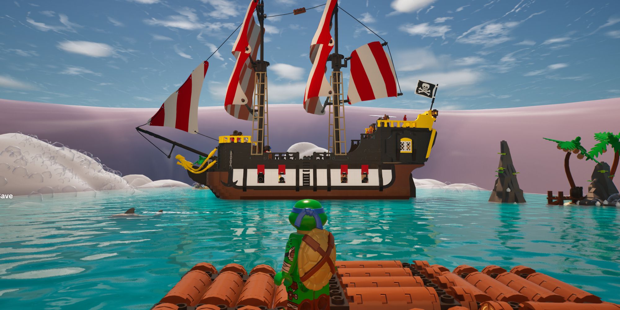 Standing on the raft facing the pirate ship waiting for the first wave of attack in the Lego Fortnite Creative Map Lego Raft Survival
