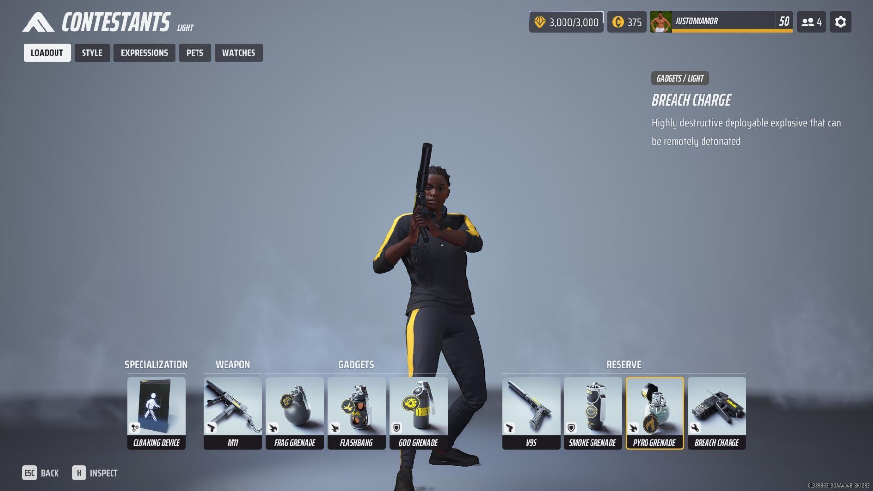 Light Class Contestant Menu Showing The Light Starter Build in The finals