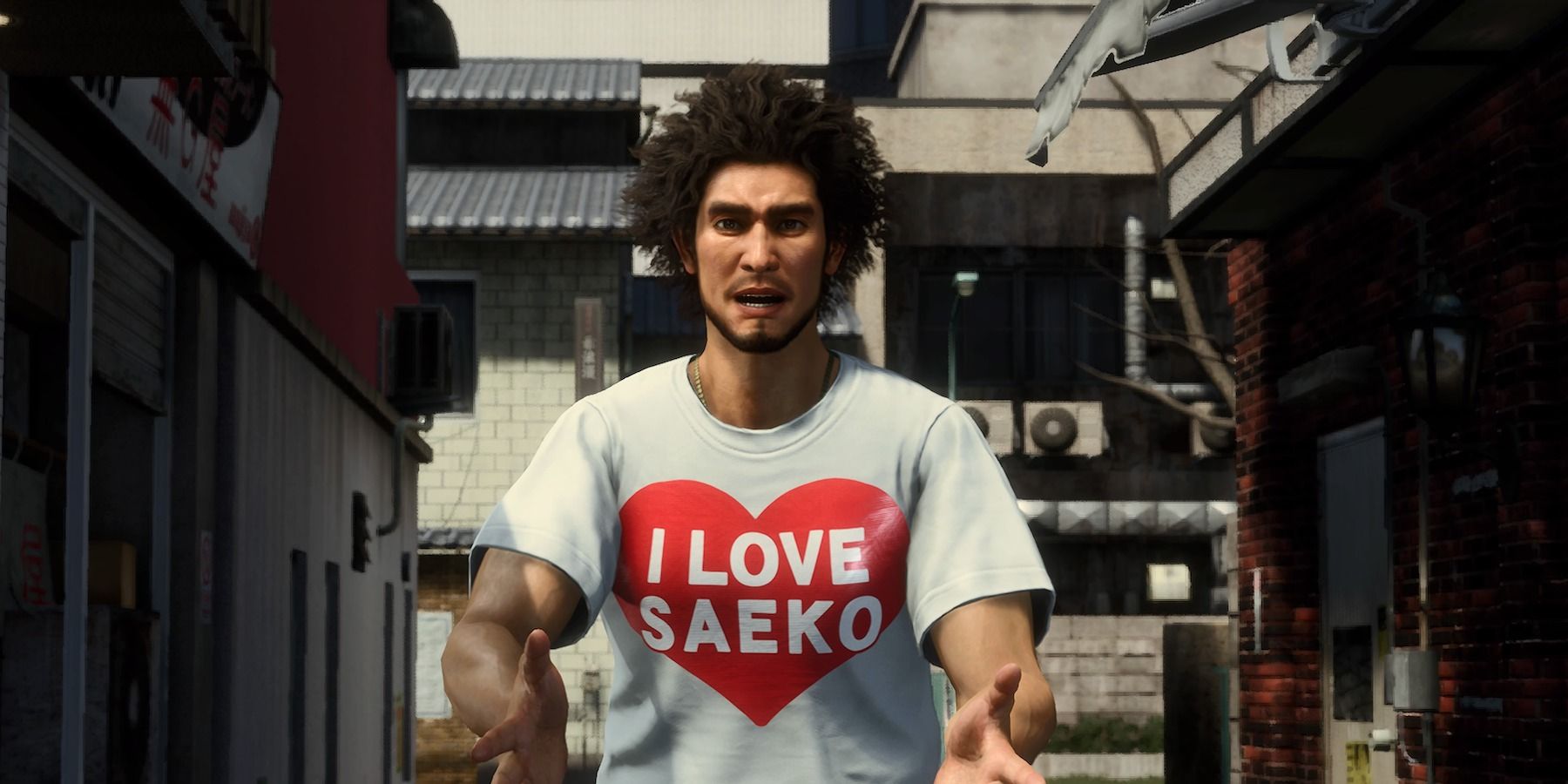 Kasuga wearing an I love Saeko shirt