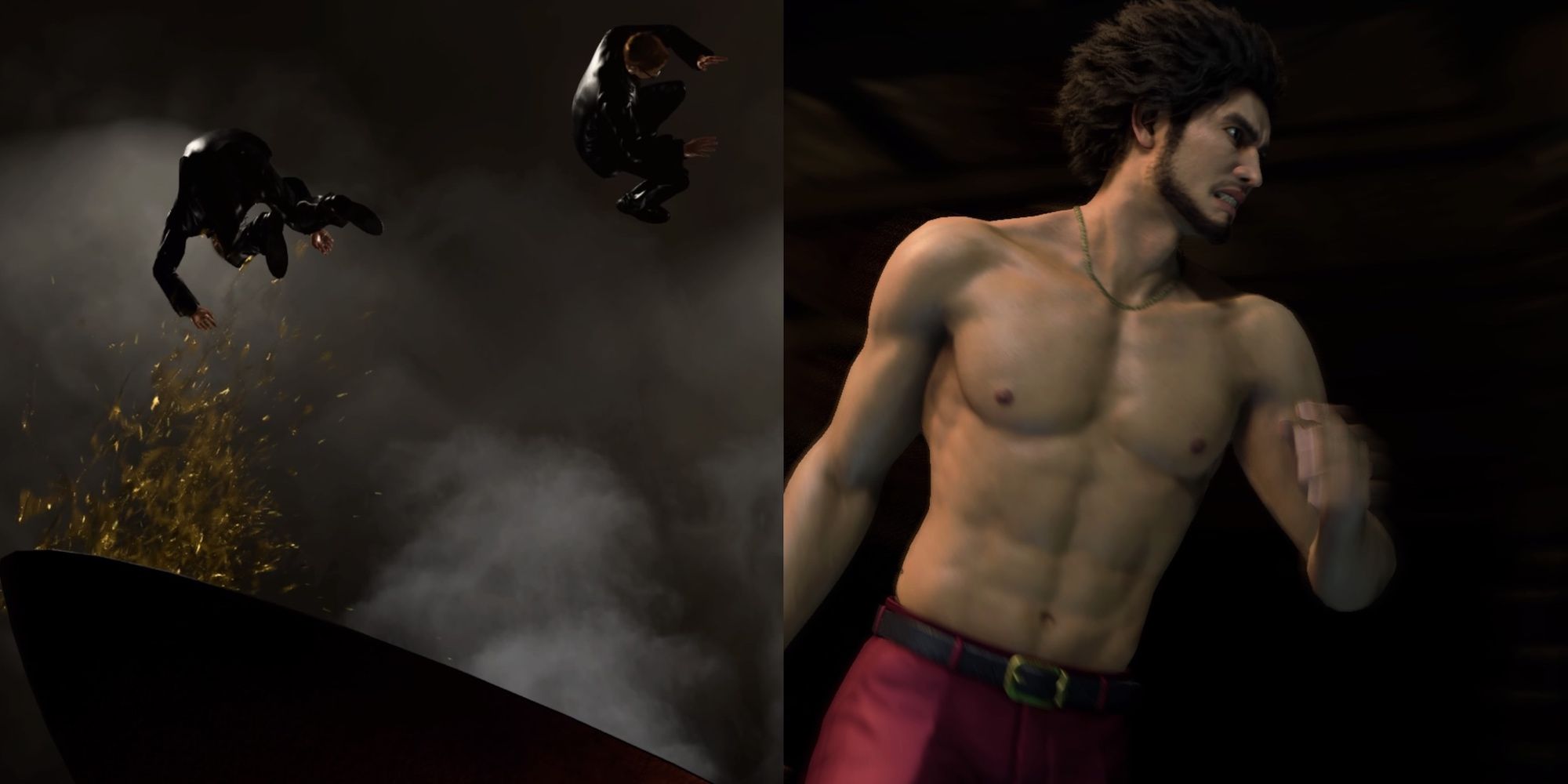 Enemies flying in the air on the left, Kasuga without a shirt on the right