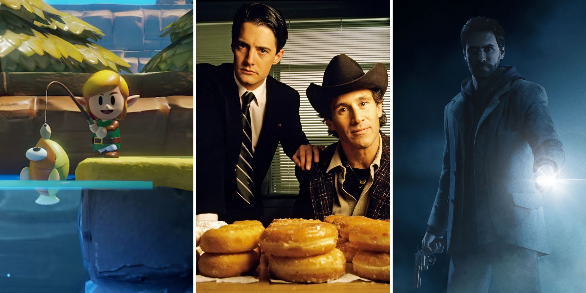 Link pulls a fish out from a pond, Dale and Harry sit in front of donuts, Alan Wake holds a flashlight