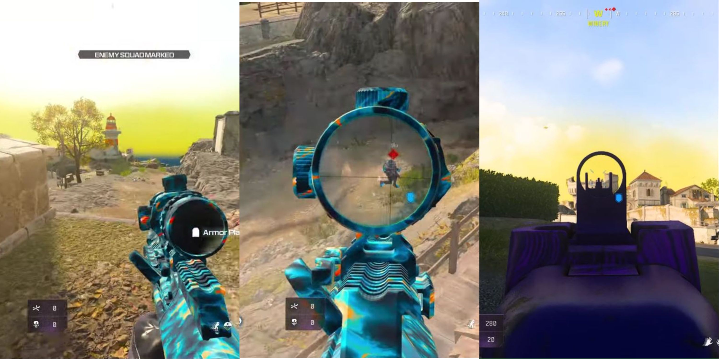 Collage of a blue rifle in front of a lighthouse, a blue rifle shooting at an enemy at the distance, and a purple rifle shooting at a tower from long range in Call of Duty Warzone