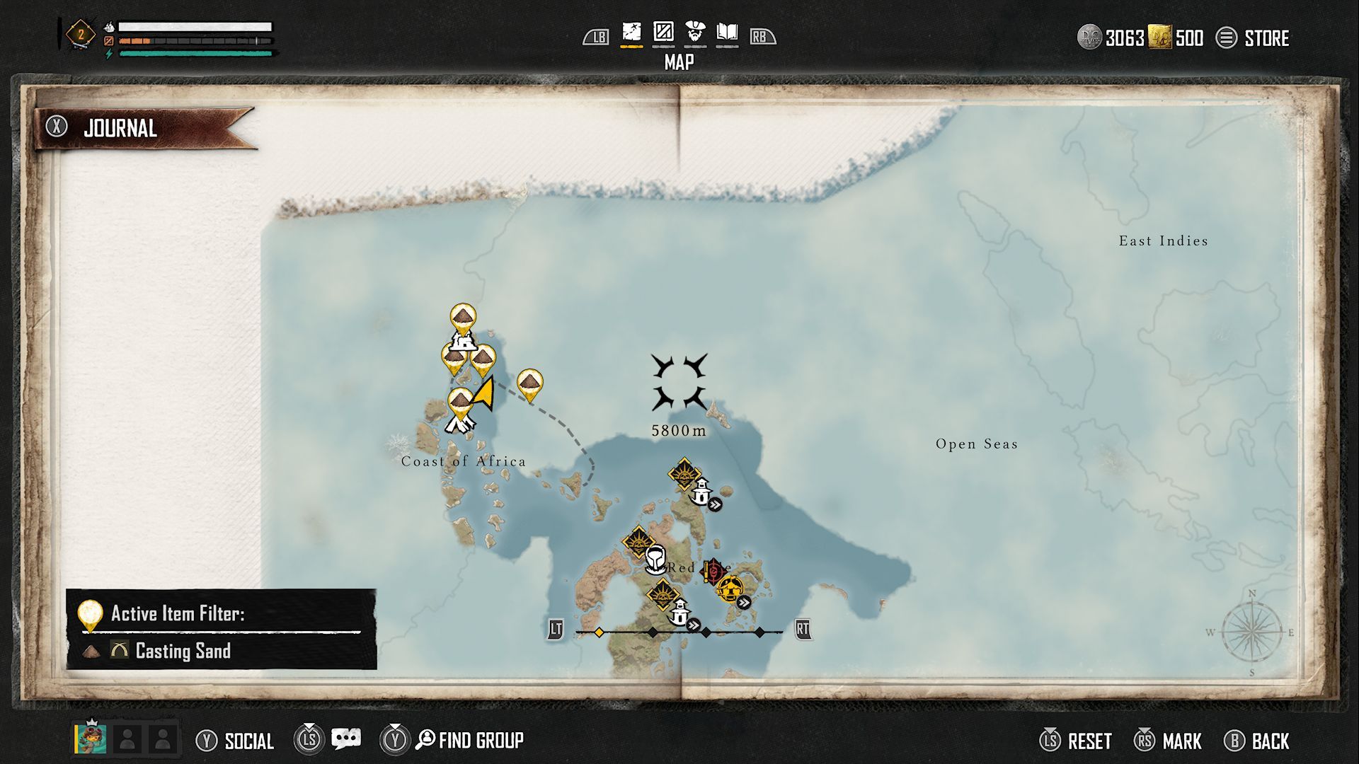 The Map menu highlighting various locations near the Coast of Africa where Casting Sand can be found in Skull and Bones.