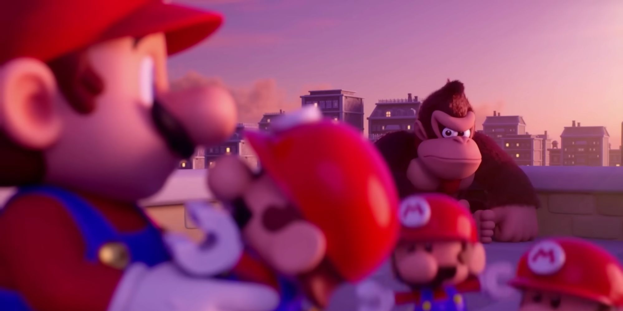 Mario looking at a toy while Donkey Kong looks sad in the Mario vs. Donkey Kong remake ending.