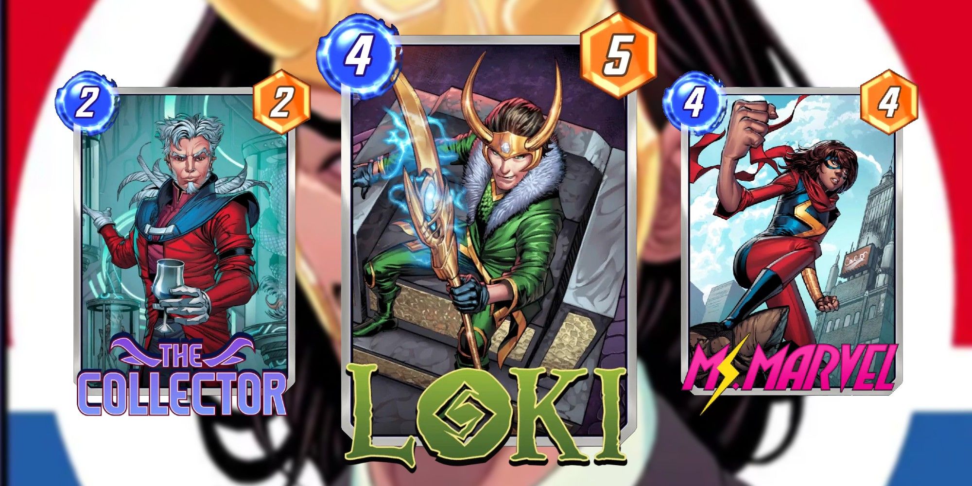 Marvel Snap Cards The Collector, Loki and Ms Marvel