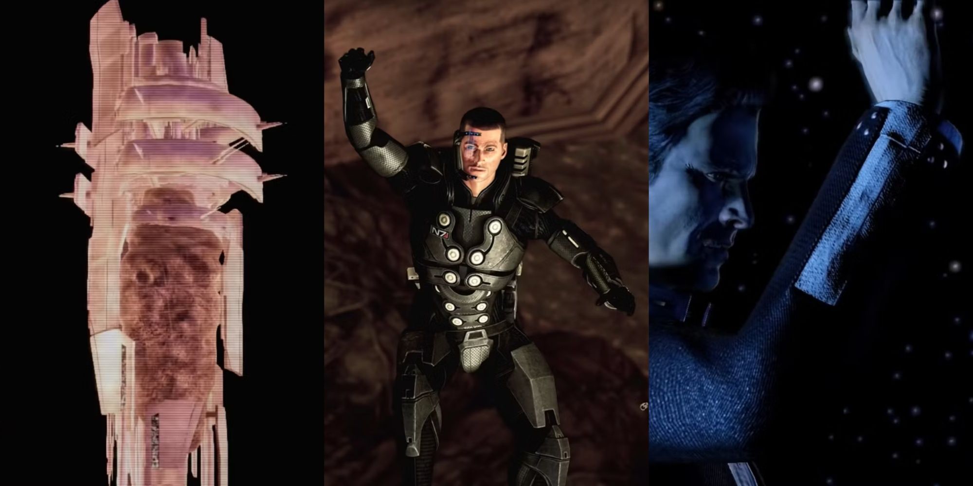 Mass Effect 2 Endings Split Image of Collector Base, Shepard Falling, and Illusive Man With His Arm in the air