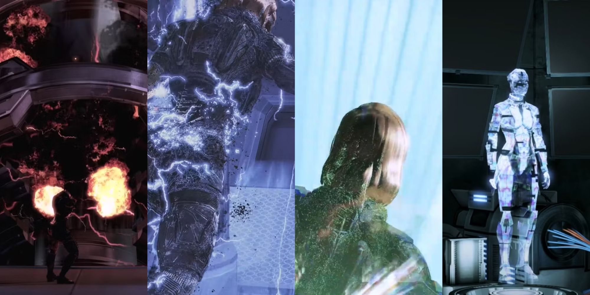Mass Effect 3 Endings Split Image Of Destroy ending, control ending, Synthesis ending, and refusal ending