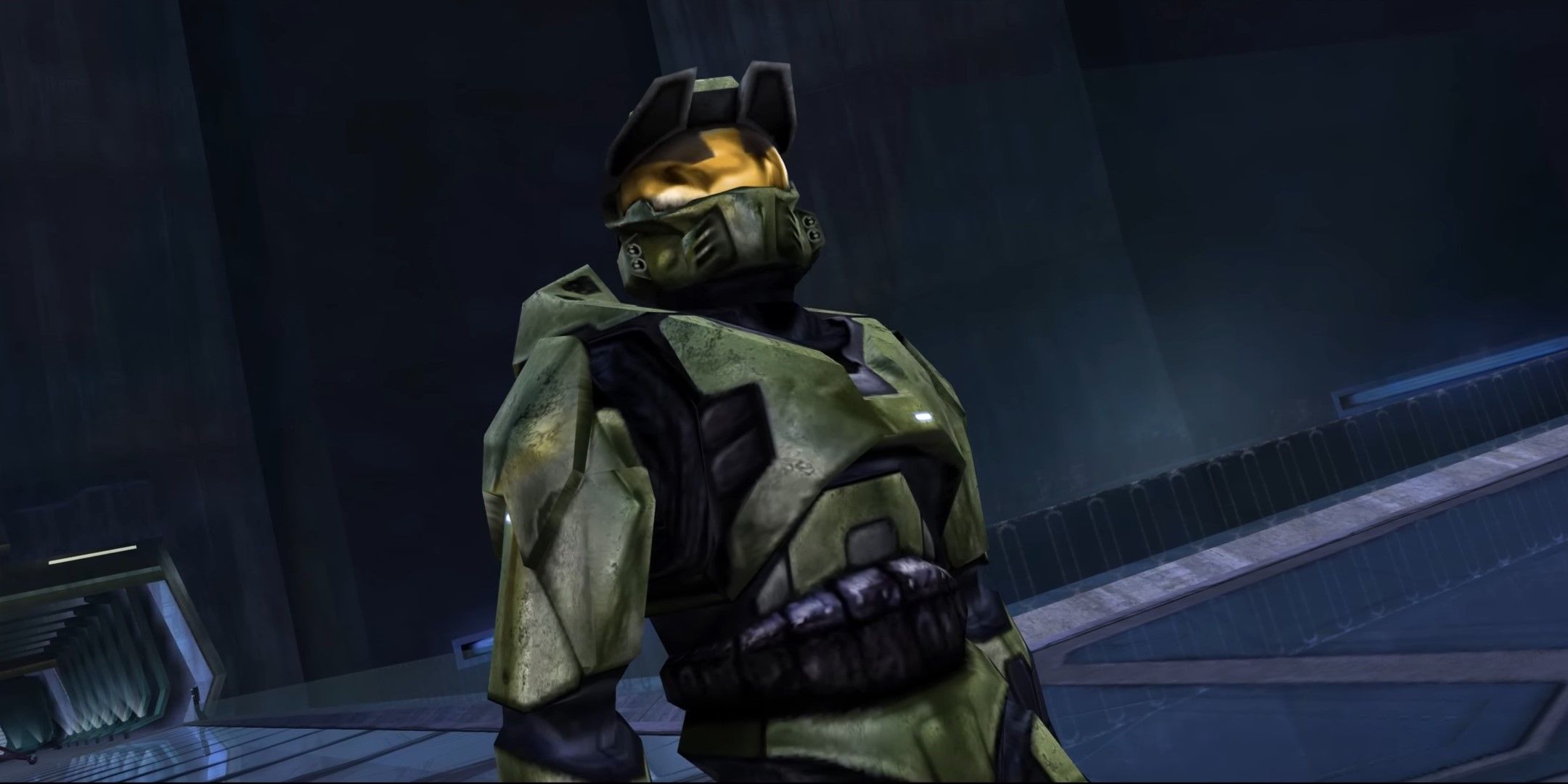 Master Chief loking up in his Mark V Armor in Halo Combat Evolved-1