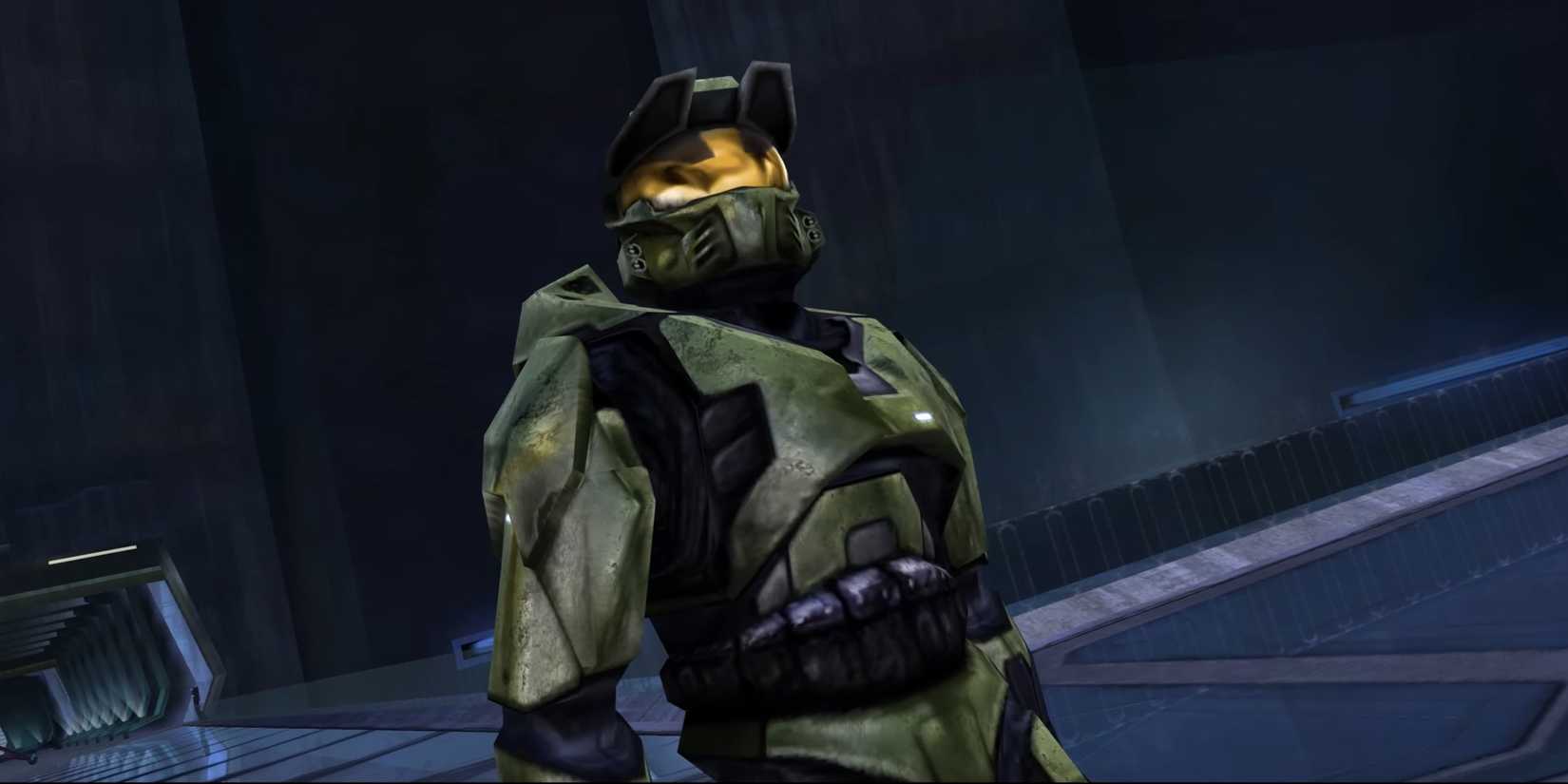 Master Chief loking up in his Mark V Armor in Halo: Combat Evolved.