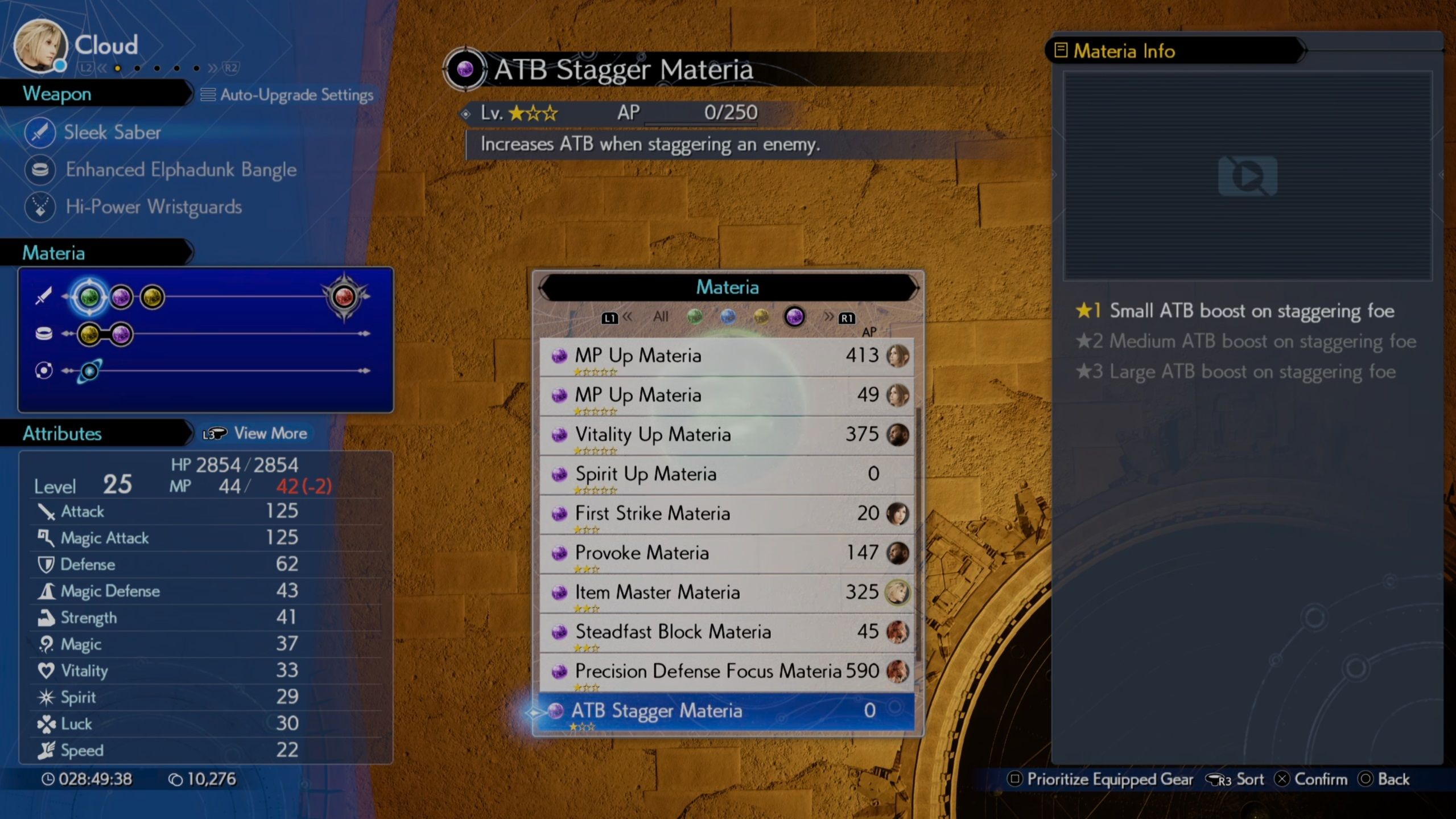 Materia screen in FF7 Rebirth highlighting the ATB Stagger Materia