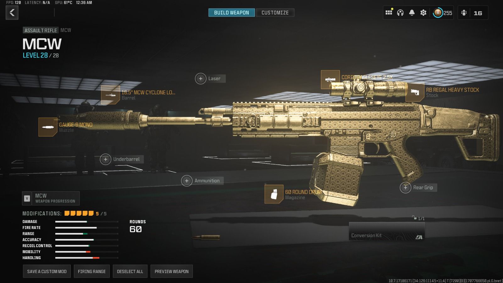 Loadout menu showing the long-range MCW build in Call of Duty Warzone
