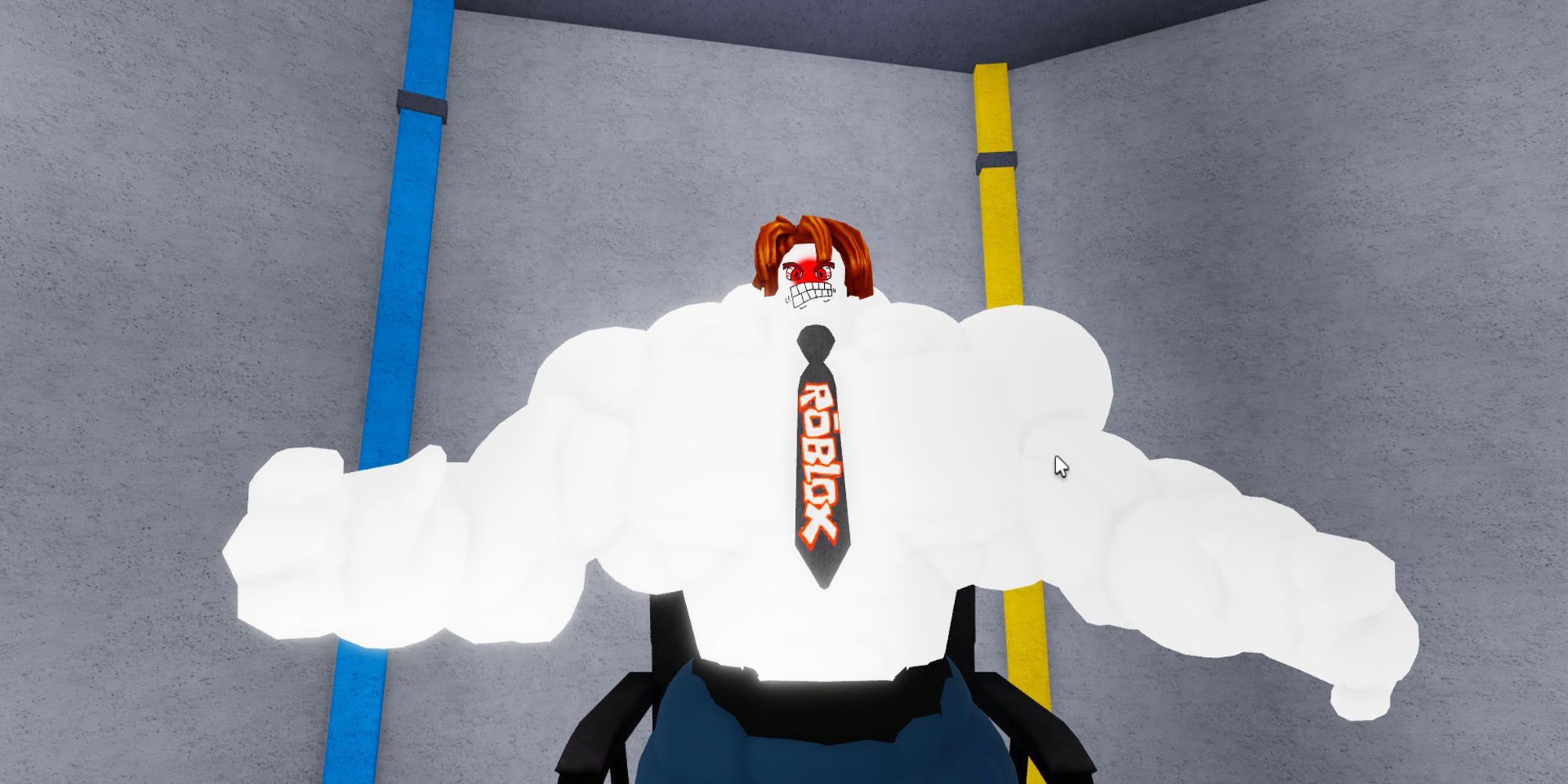 Mega Bacon rages out at his desk after seeing one of his minions get defeated in the Roblox game Mega Noob Simulator.