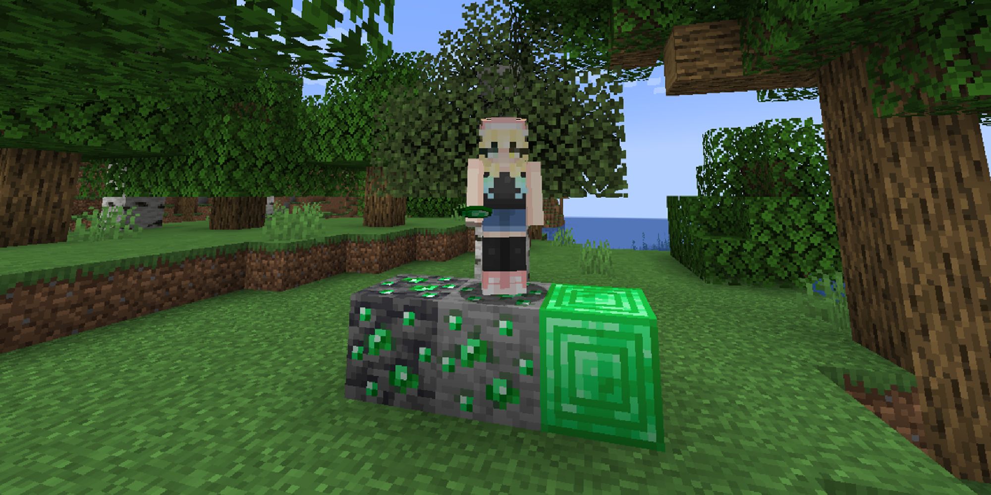 minecraft player standing on emerald blocks with an emerald in hand