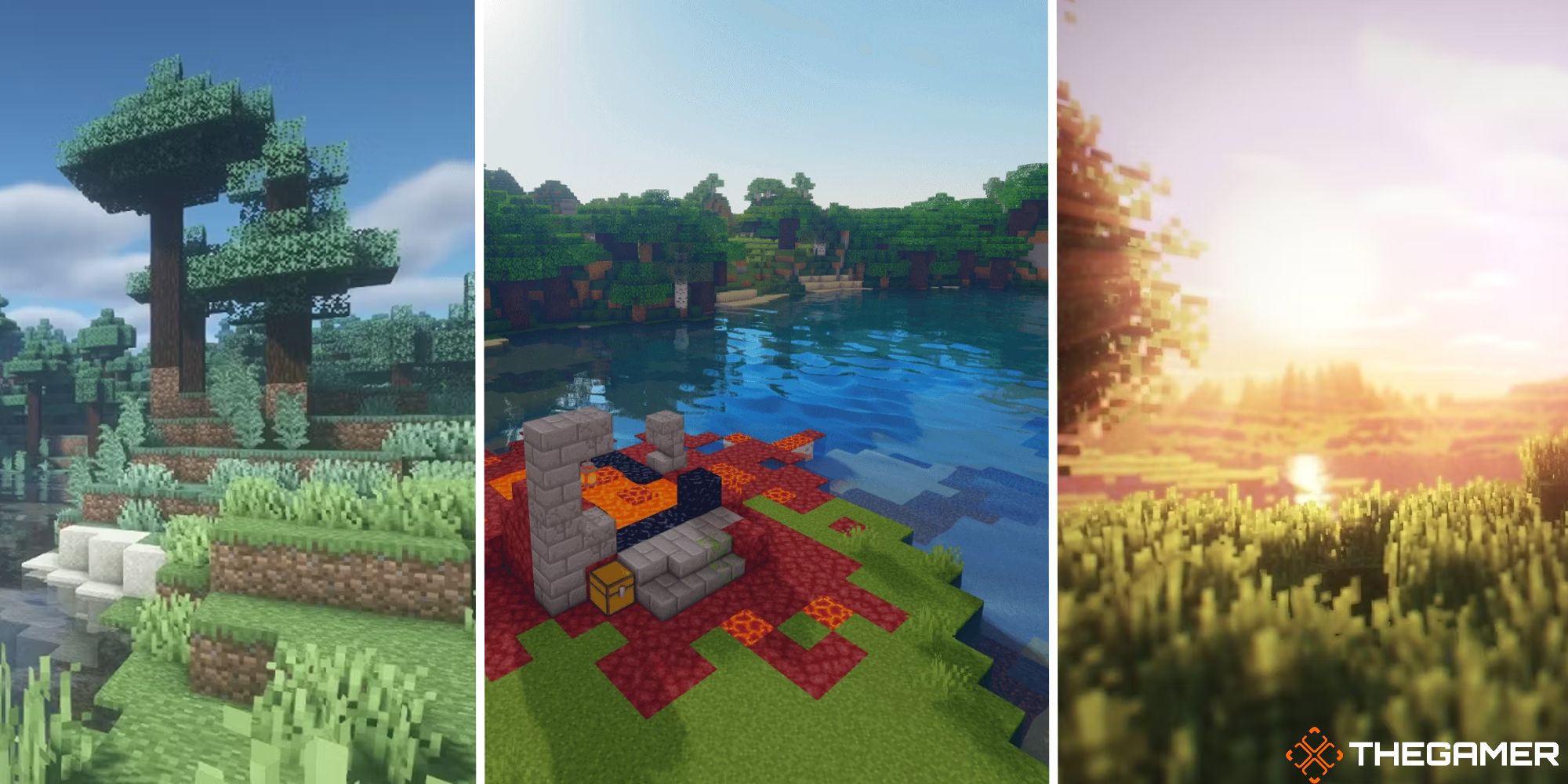 minecraft shaders split image showing three different shader packs