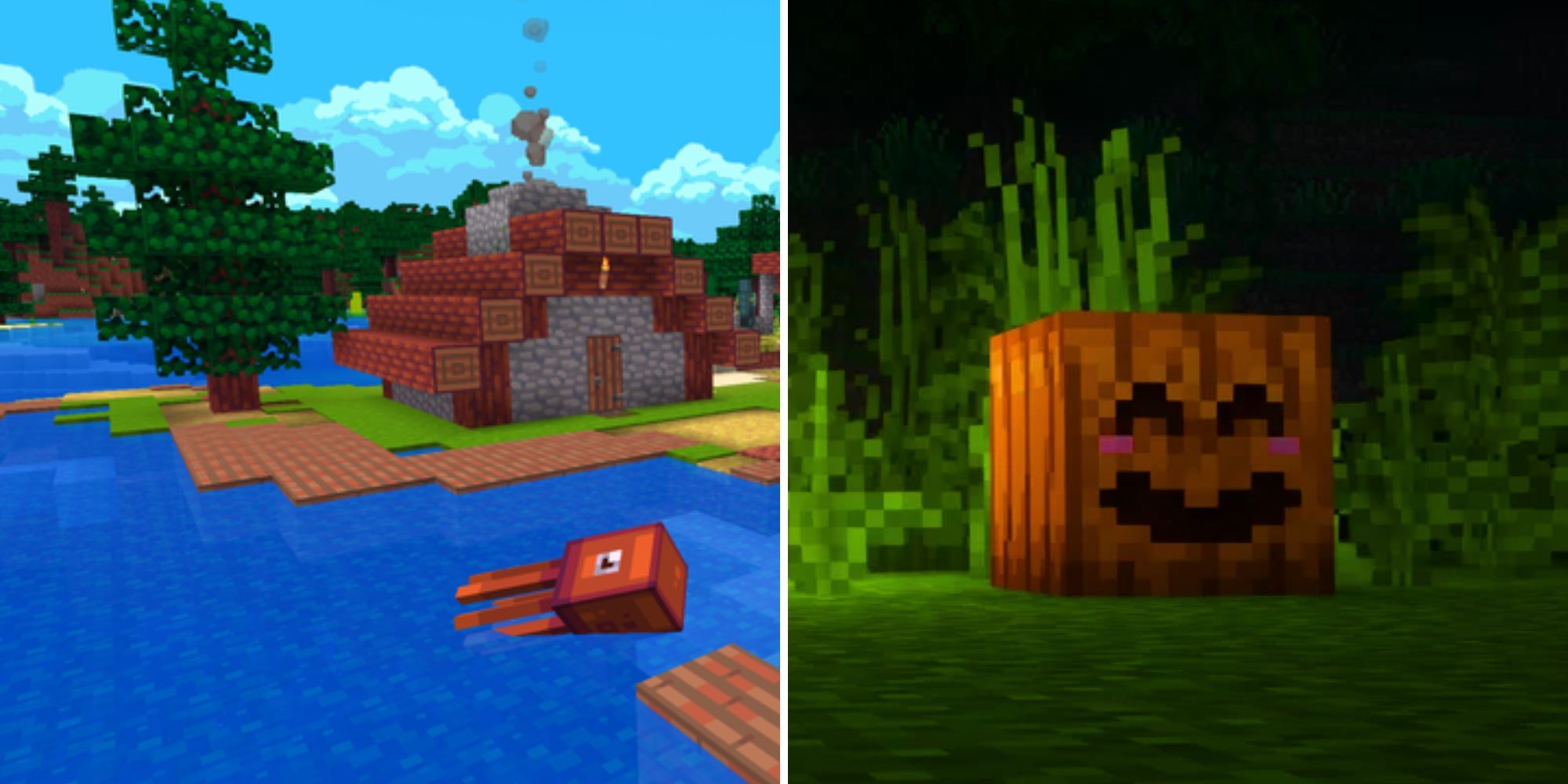 A split image of an orange squid swimming in deep blue water, and a happy, blushing pumpkin block.