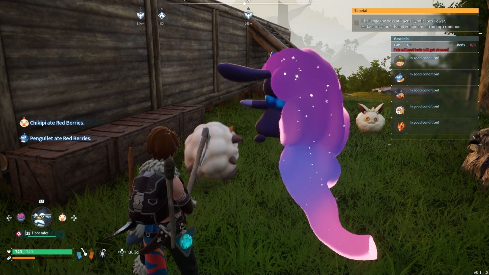 The protagonist standing in the base with a Lamball and Daedream in Palworld.