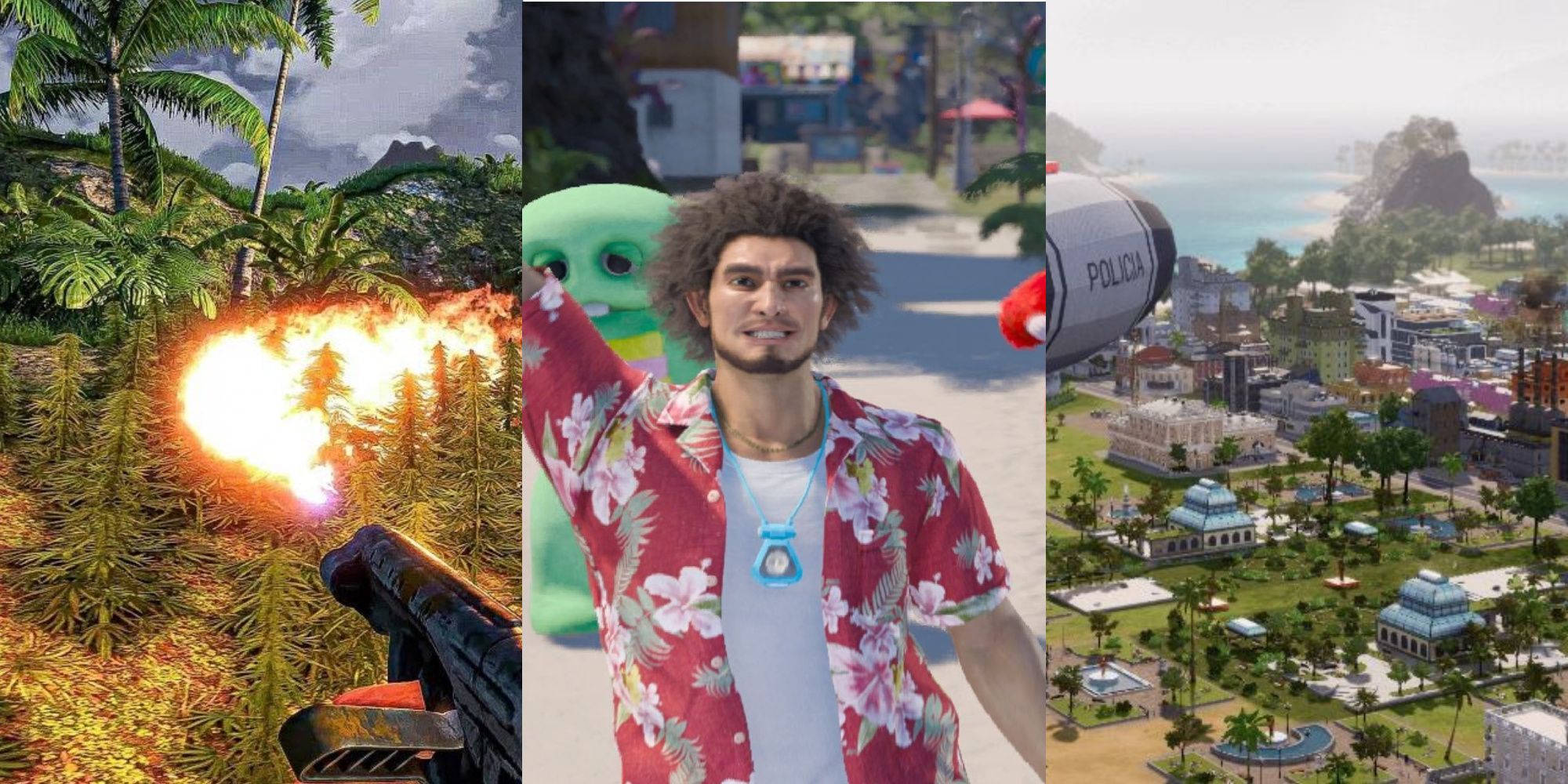 collage of tropico 6 like a dragon infinite wealth and far cry 3