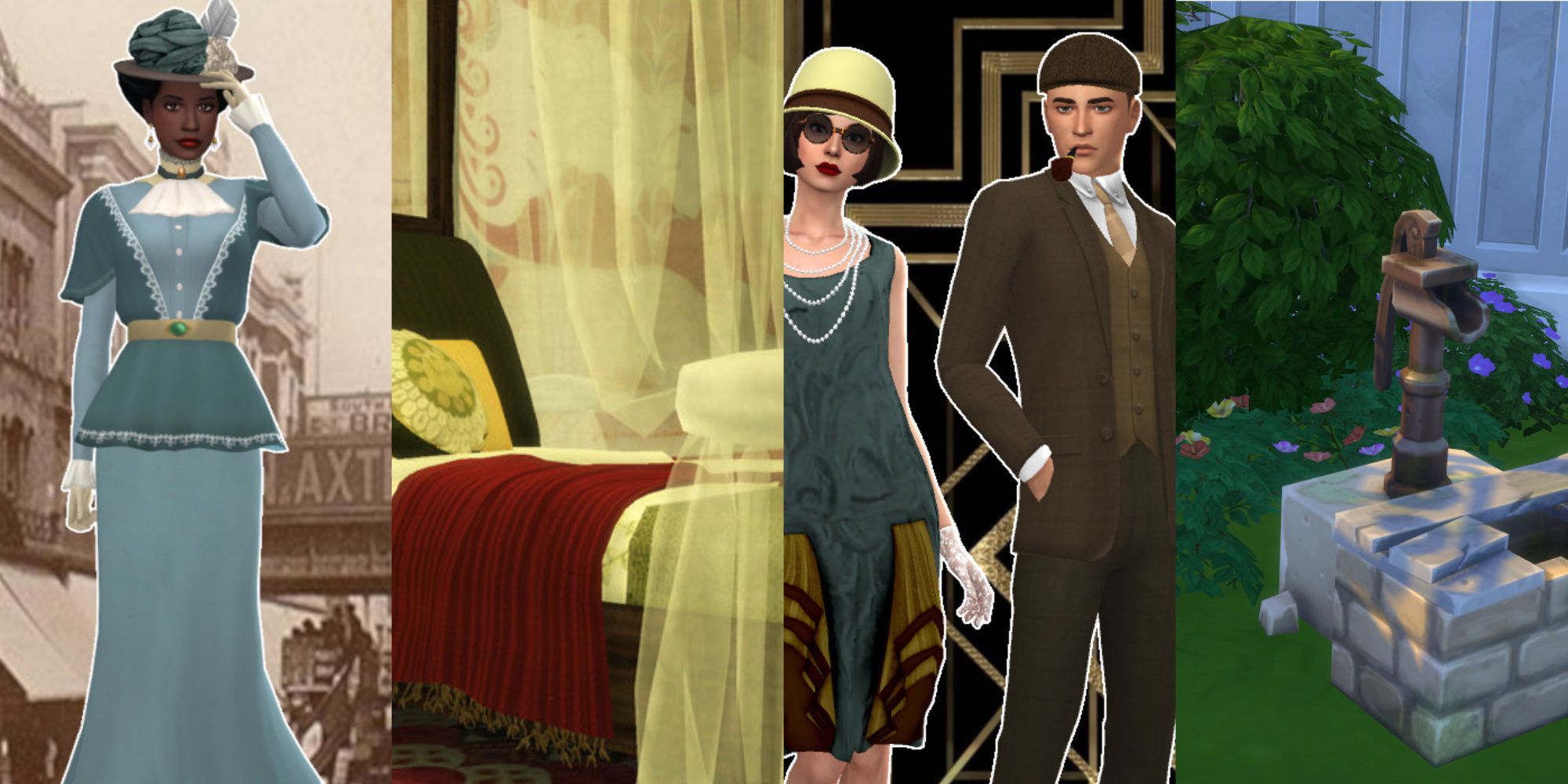 A collage showing different historical build/buy and CAS custom content for The Sims 4