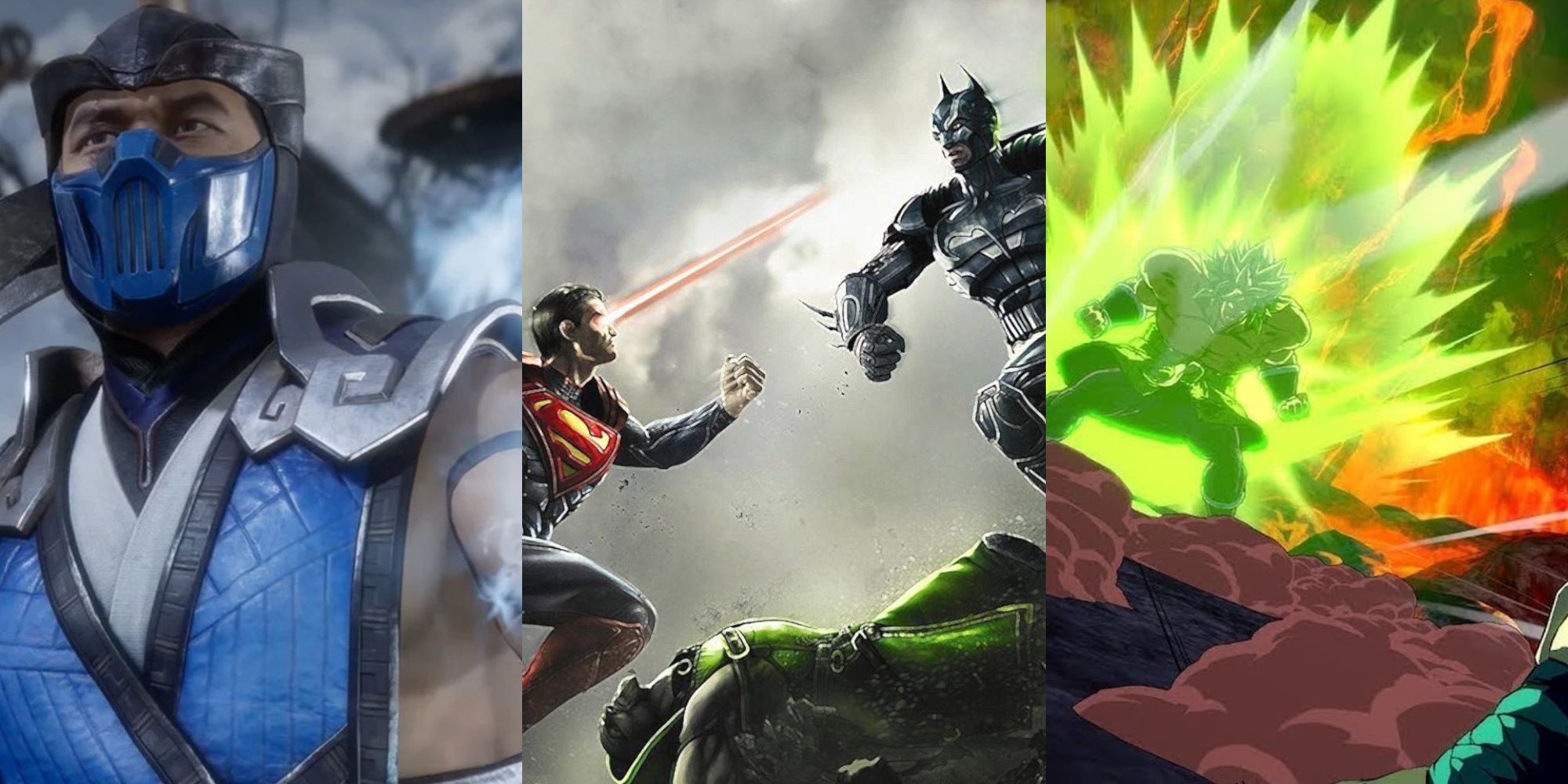 collage if injustice, mortal kombat 11 and dragon ball fighterz