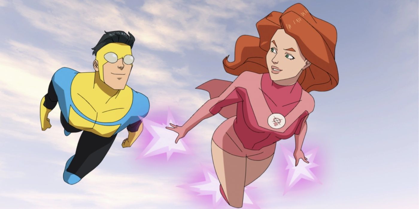 Invincible and Atom Eve flying through the air together.