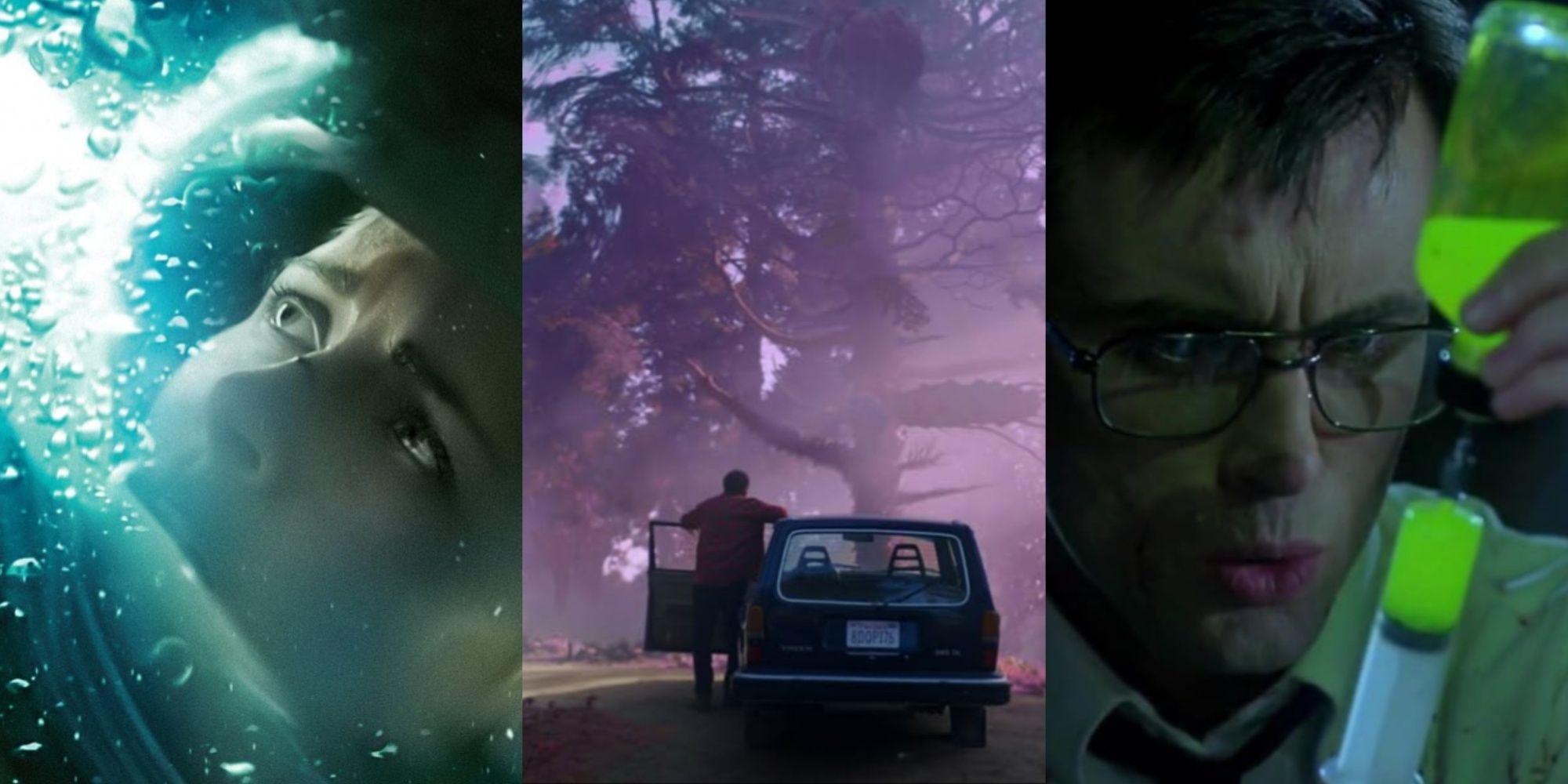 Three-image collage of Kristen Stewart in Underwater, Nicolas Cage in Color Out of Space, and Jeffrey Combs as Dr. Herbert West in Re-Animator.