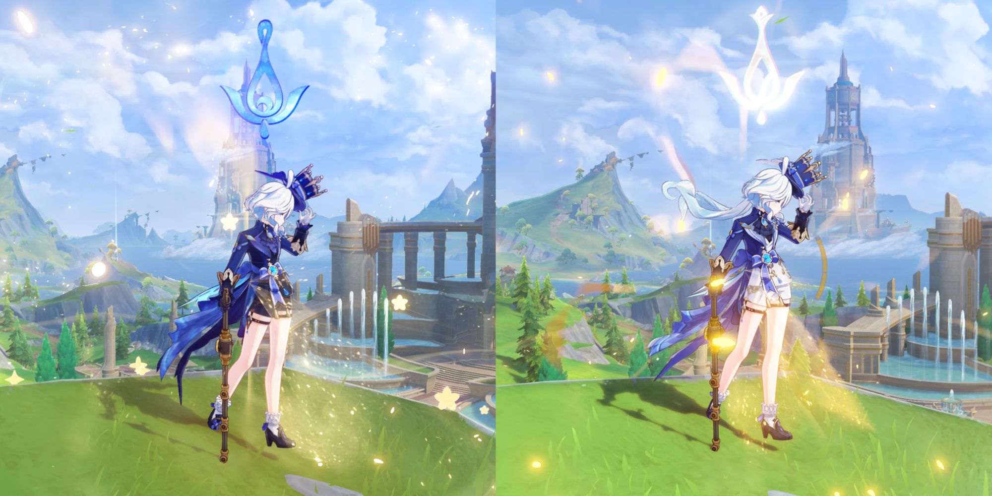 A split image from Genshin Impact showcasing the differences between her two stances, which influences how her elemental skill works.