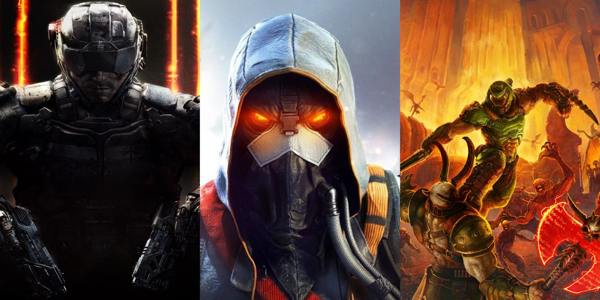 Three-image collage of the key game art for COD: Black Ops 3, Killzone Shadow Fall, and Doom Eternal.
