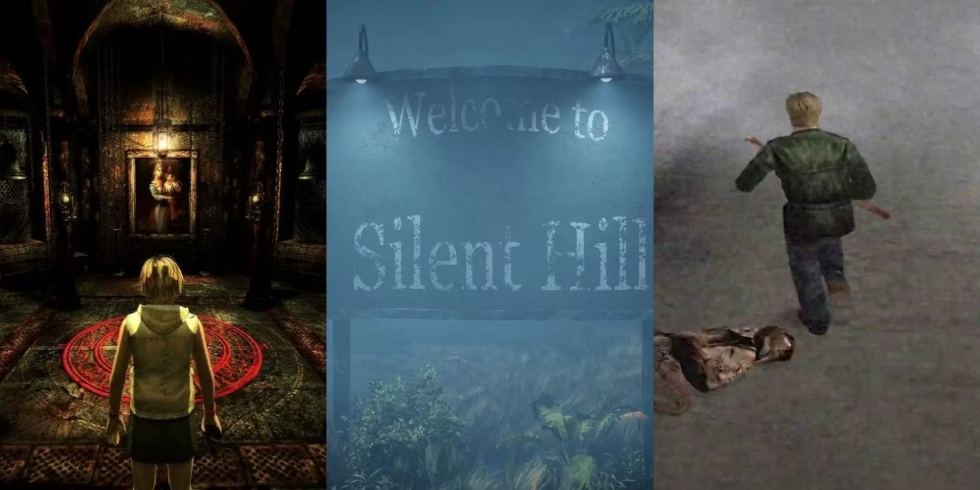 Silent Hill 3 Heather looking at a painting, the 'Welcome to Silent Hill' sign, and James running with a shotgun in Silent Hill 2, left to right