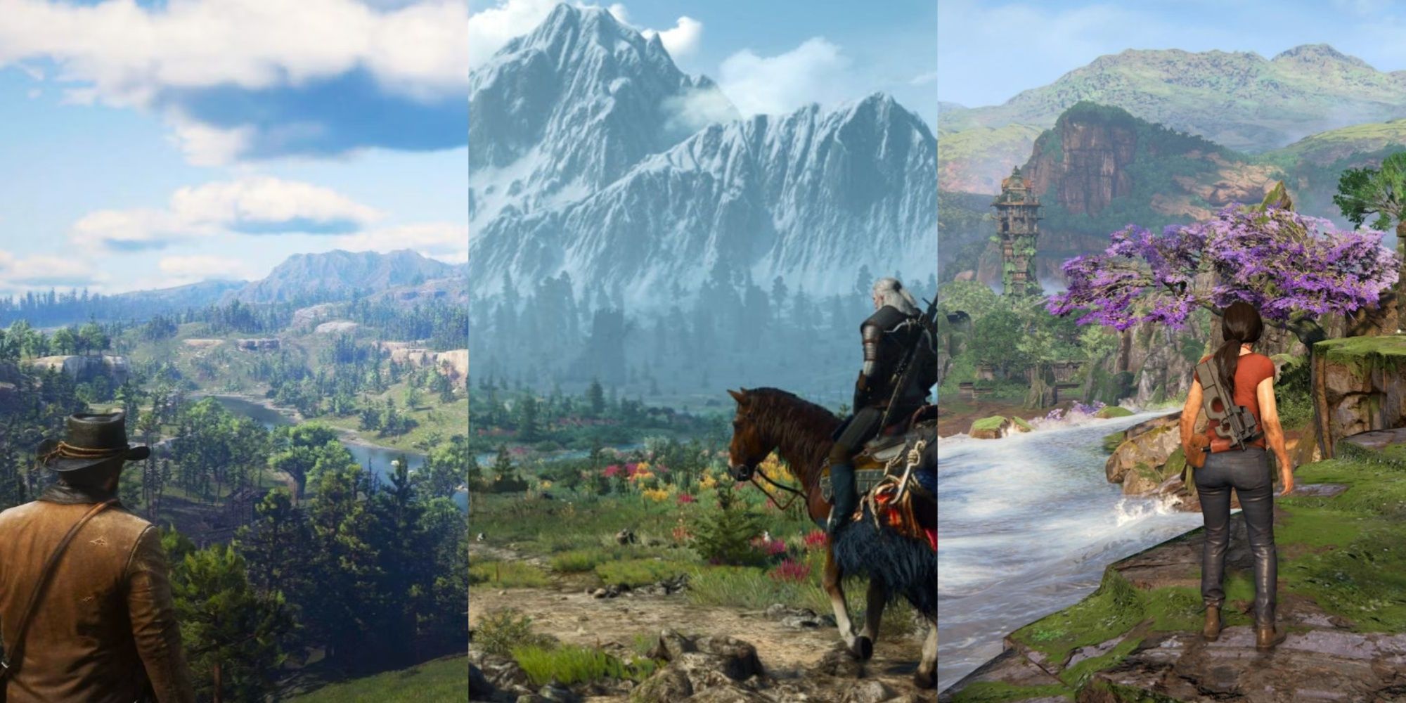 Three-image collage of Arthur Morgan overlooking the mountains and a joining stream in Red Dead Redemption 2, Geralt riding on Roach and exploring the scenic land in The Witcher 3, and Chloe Frazer near purple blossoms and a waterfall in Uncharted: The Lost Legacy.