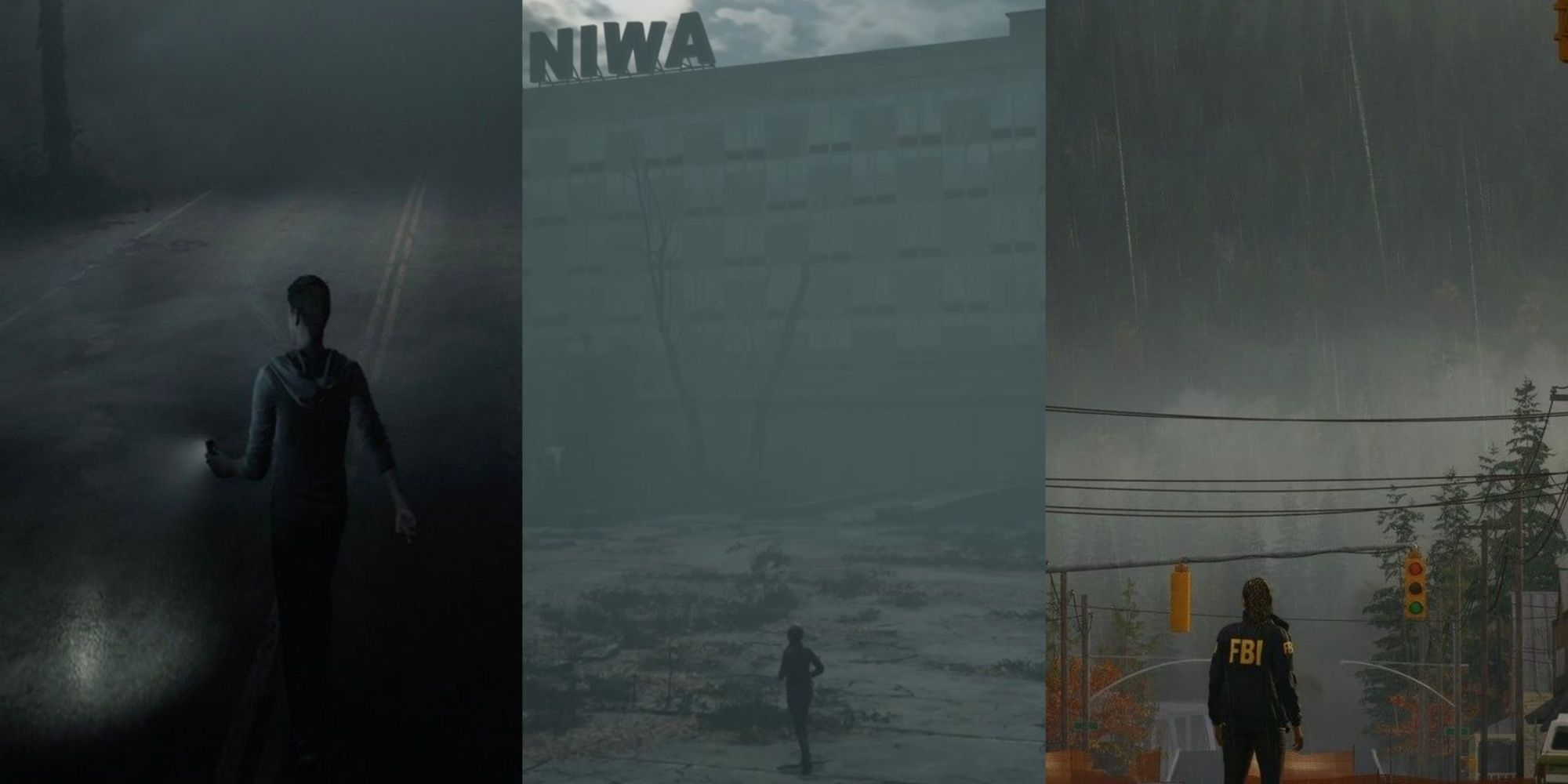 Three-image collage of a character in Little Hope shining a flashlight in an empty dark and foggy street, Marianne running in the fog toward Niwa in The Medium, and Agent Saga Anderson standing in the rain before a misty Bright Falls.